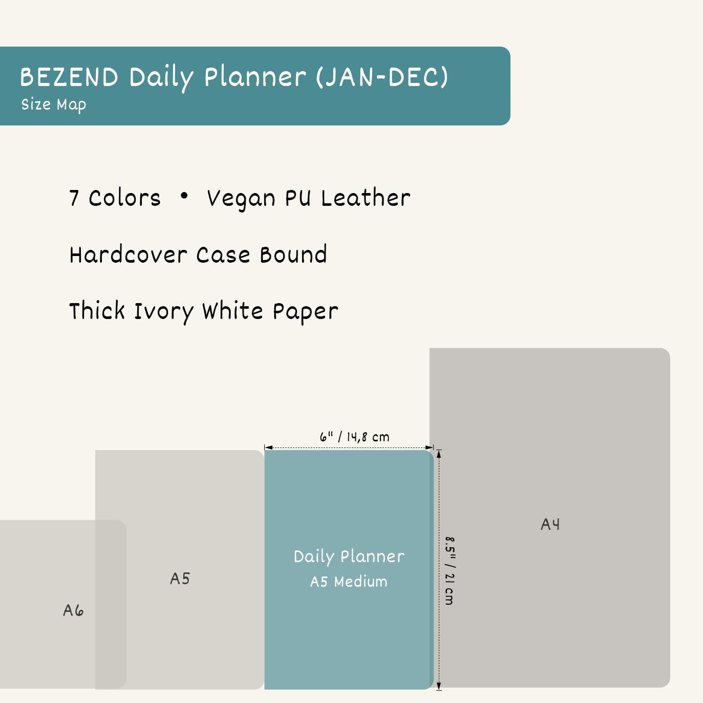 BEZEND Daily Planner 2026 (6" x 8.5") Full Page per Day Even Weekend (Jan-Dec) Monthly Calendar with Tabs, 2 Columns for Dual Schedule with Note, Vegan Leather Hardcover in Dutch Blue