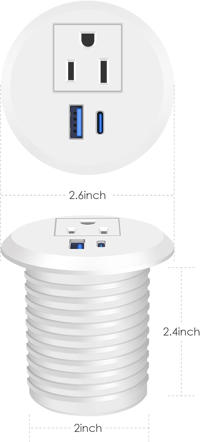 2 inch Desk Power Grommet with PD 20W USB C,Ultra-Flat Plug Power Strip,Recessed Outlet,Desktop Power Grommet for Office PC Desk Cable Cord Cover,Table Outlets for Home, Office,6 ft Cable(White)
