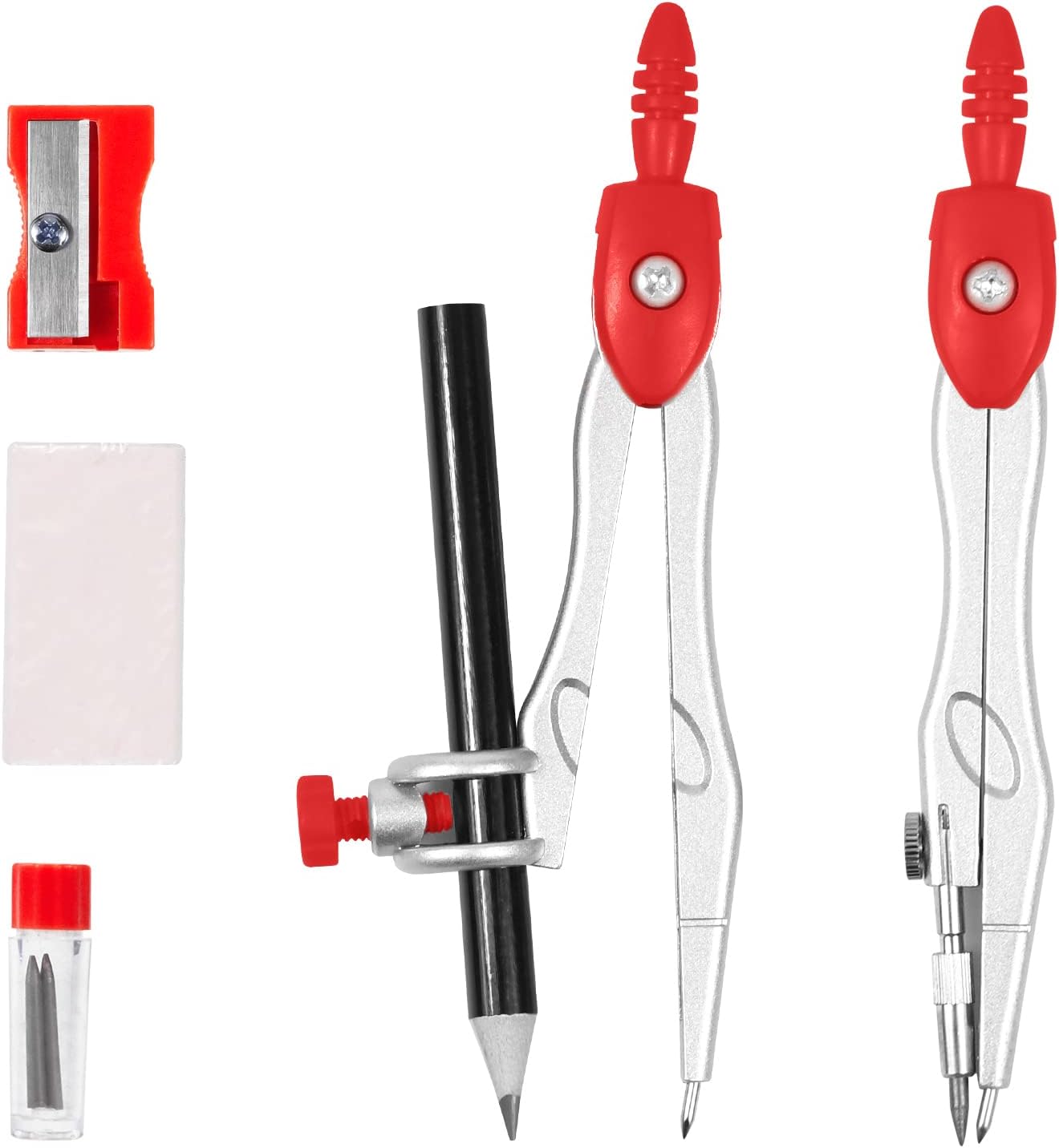 Math Geometry Sets 10 Piece Student Supplies with Shatterproof Storage Box,Includes Rulers,Protractor,Compass,Eraser,Pencil Sharpener,Lead Refills,Pencil,for Drafting and Drawings (Red))