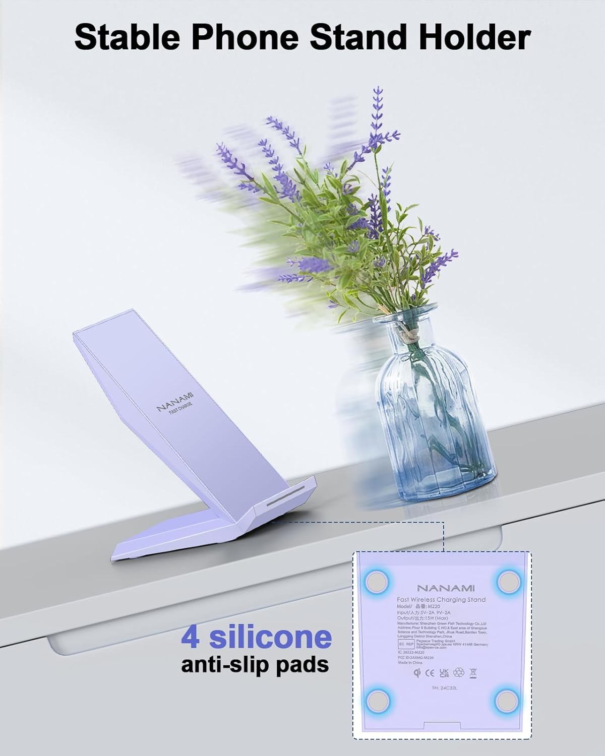 NANAMI Wireless Charger - Fast Qi-Certified Wireless Charging Stand Compatible Apple iPhone 17/17 Pro/17 Pro Max/16/15/14/13/12 Pro, Desktop Phone Charger for Samsung Galaxy S25/S24/S23/S22/S21