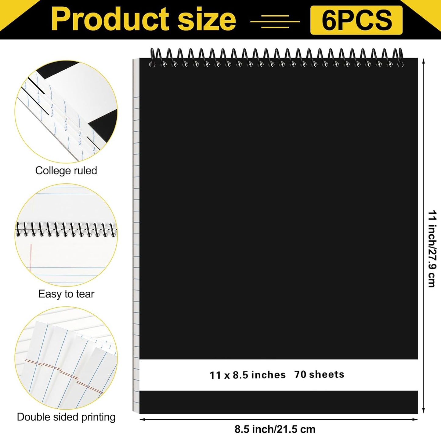 6 Pcs Legal Pad Top Spiral Bound Notebook 70 Sheets Wirebound Notepad Double Sided Ruled Memo Steno Pad with Stiff Back Cover for Business(8.5 x 11 Inches,No Holes,White)