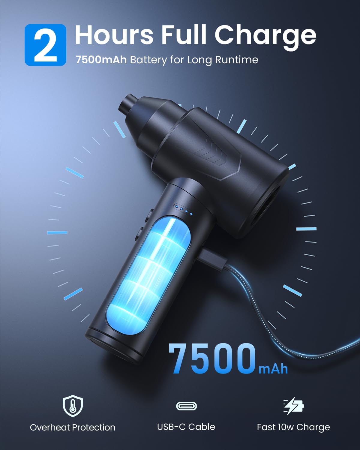 Electric Air Duster – 150000RPM Powerful Compressed Air Duster with LED Light, 3 Gears, 7500mAh Battery & Fast Charging, Rechargeable Air Blower for Computer, Keyboard, PC, Car, House & Outdoor