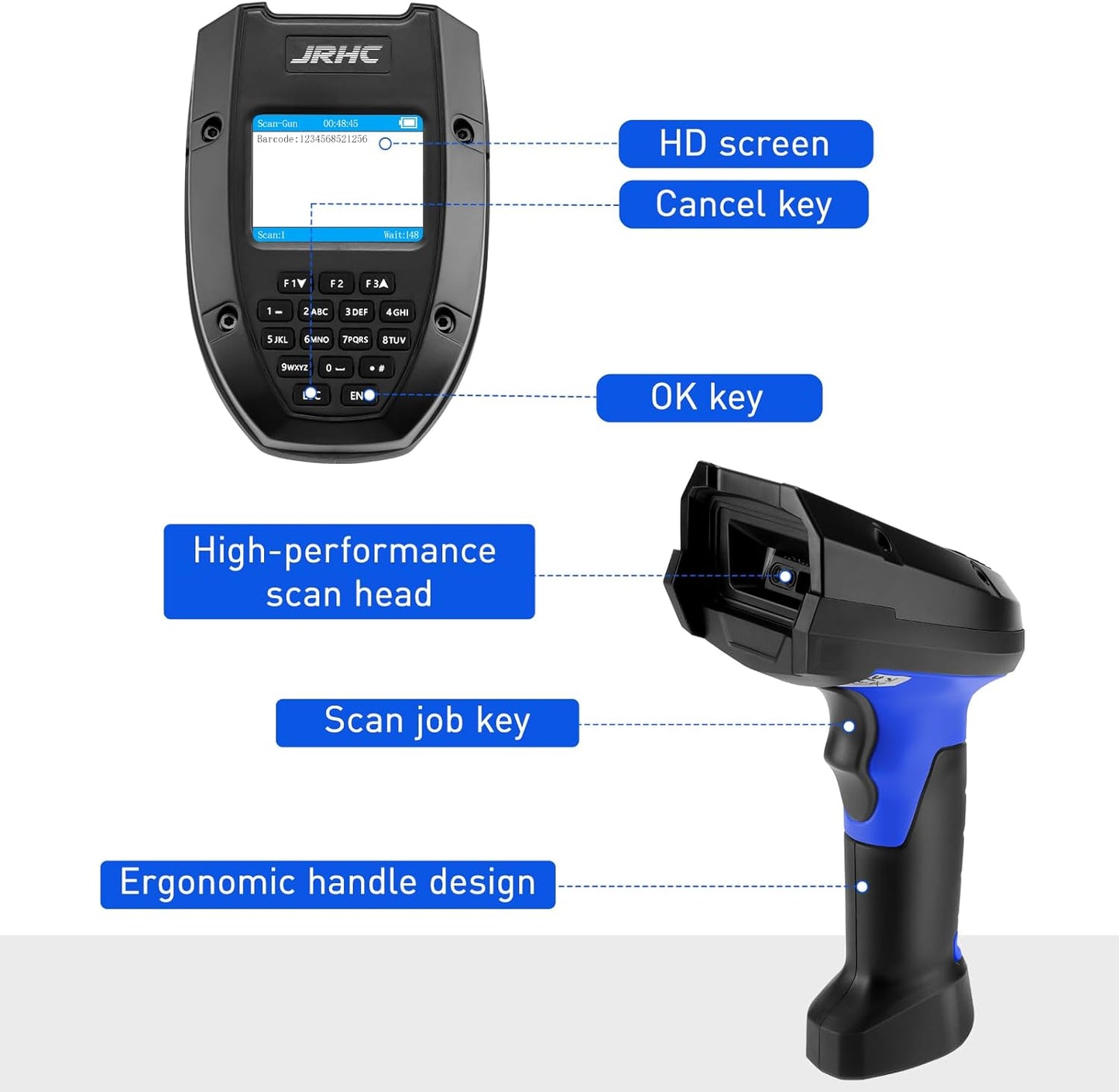 1D 2D Wireless Barcode Scanner with Charging Base Transmission, Inventory Scanner Data Terminal PDT Data Collector 2 in 1 USB Connection & 2.4g Wireless Barcode Reader with 2" Screen
