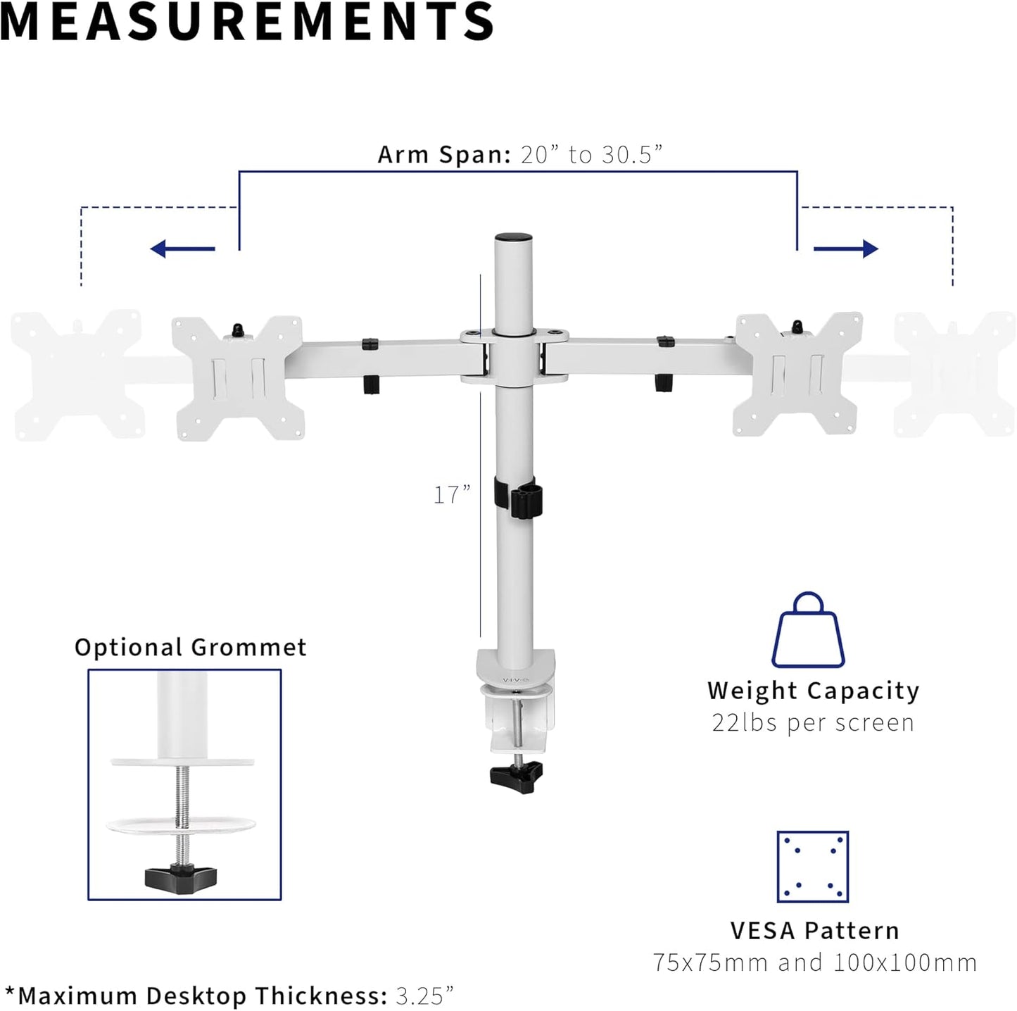 VIVO Dual LCD LED 21 to 32 inch Monitor Desk Mount, Heavy Duty, Adjustable Telescoping Arms, Flush Wall Setup, Fits 2 Screens, White, STAND-V002EW