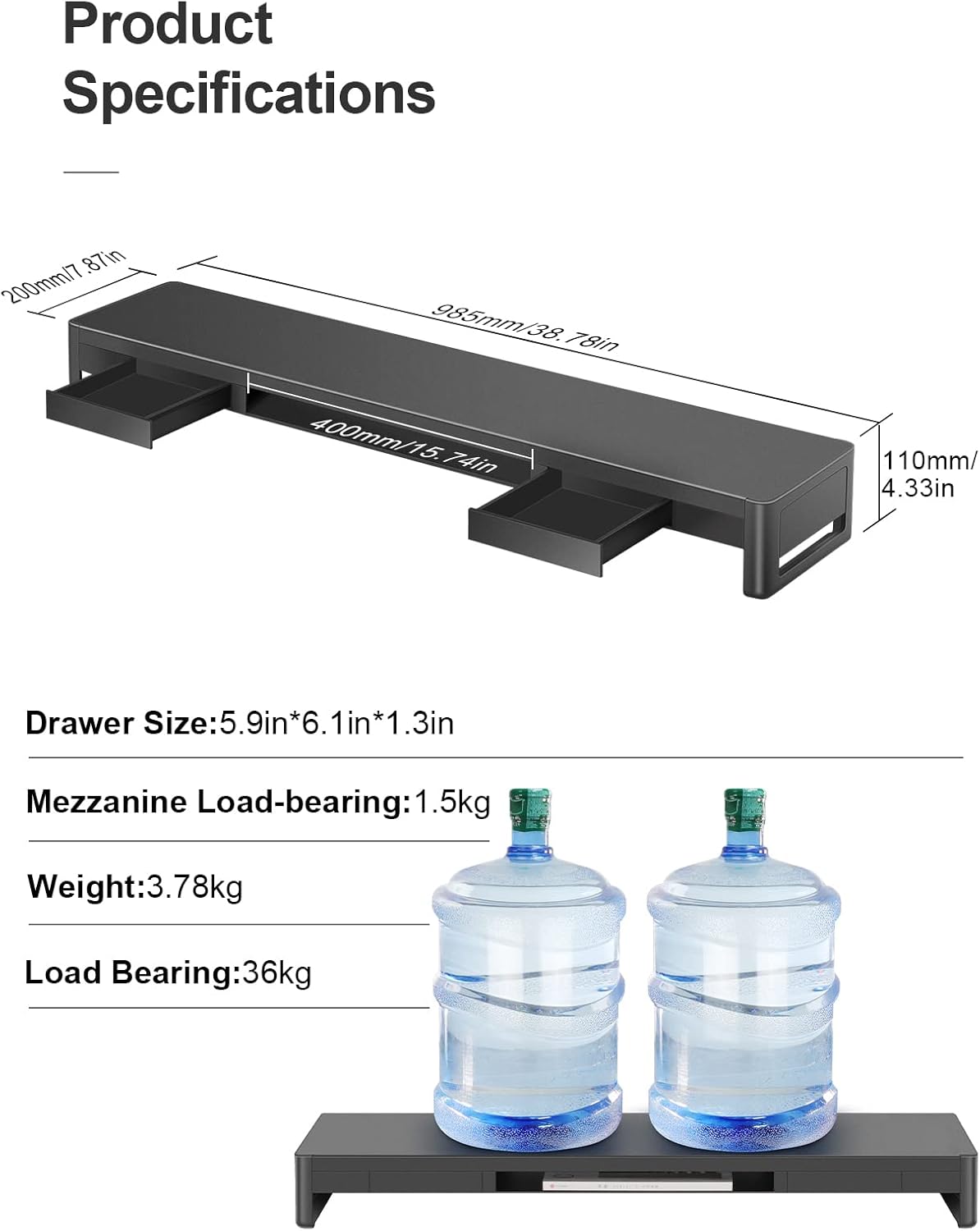 meatanty Dual Monitor Stand Riser with 2 Storage Drawers, Metal Computer Monitor Stand Monitor Shelf with Pull Out Drawer, Keyboard and Mouse Storage Desktop Organizer for PC,Laptop,iMac,TV,Printer