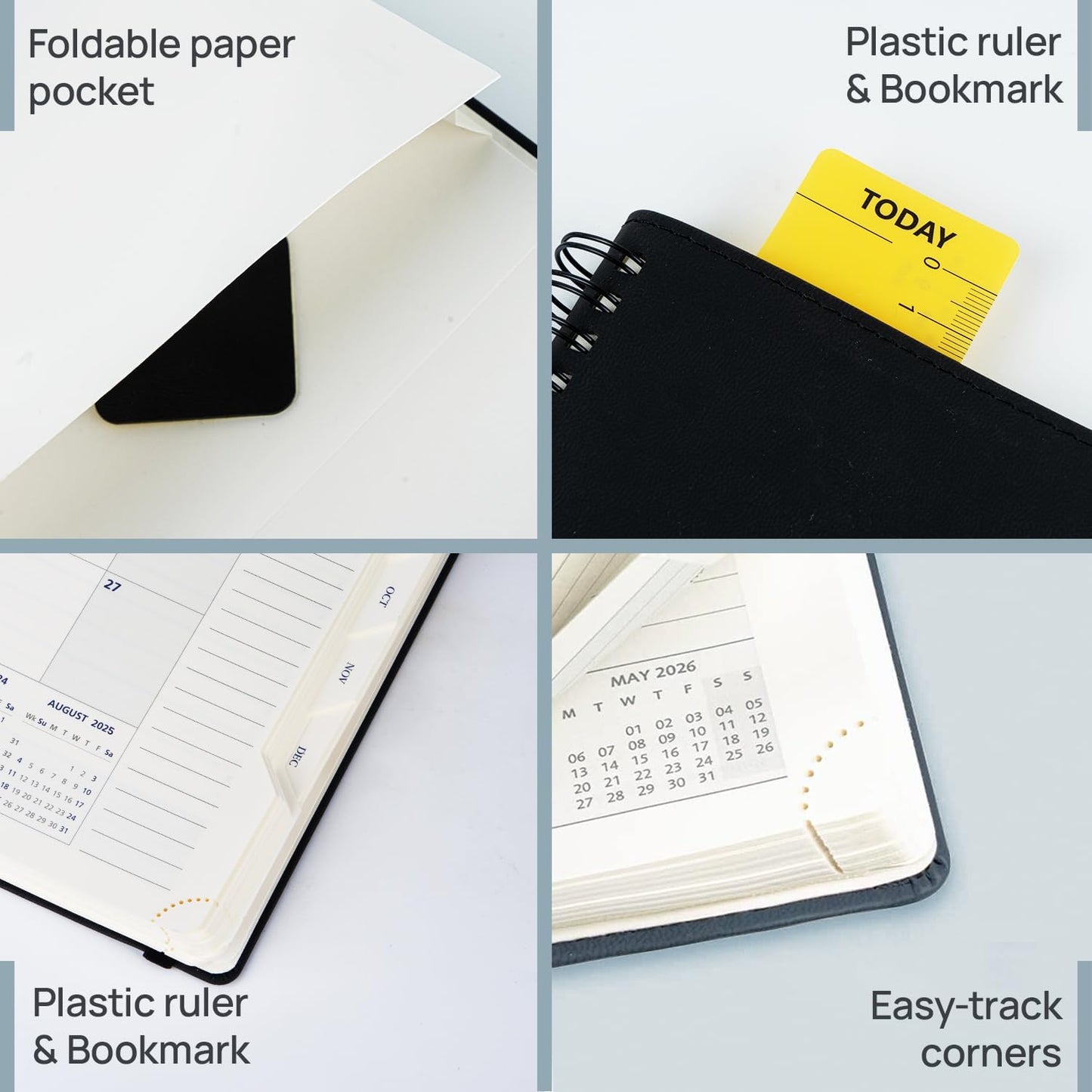 POPRUN 2026 Daily Planner One Page per Day (Medium 6'' x 8.5'') - 12 Months Calendar Appointment Book with Hourly Slots, Inner Pocket, Monthly Tabs, Pen Holder - Black