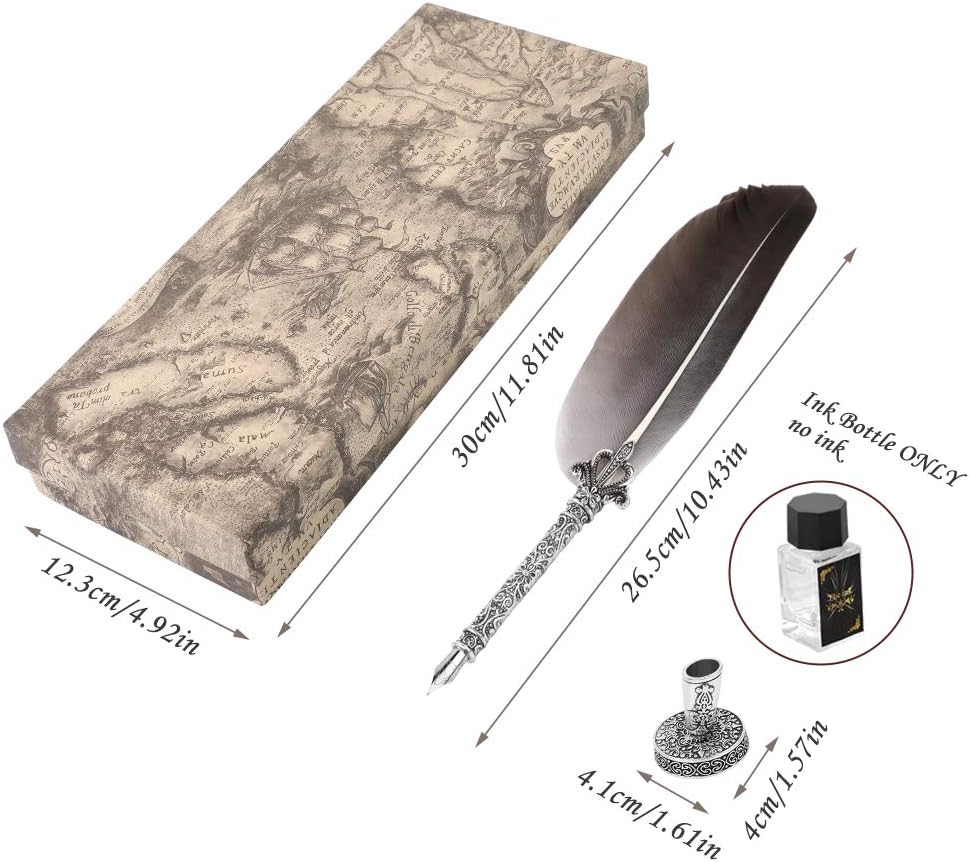 Quill Pen, Hand Made Antique Quill Dip Pen, Calligraphy Writing Drawing Pen for Students Officer, Write Smoothly, Executive Gift with Empty Ink Bottle, 6 PCS Nib for Art