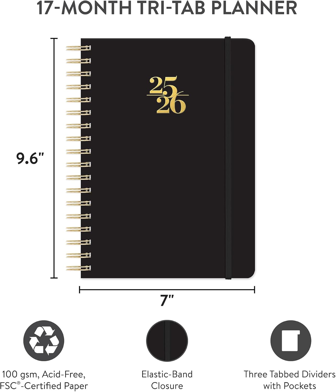 Orange Circle Studio Academic Planner 2025-2026, Amazon Exclusive, Black, Tri-Tab Planners, 17-Month Triple-Section, August 2025 to December 2026, 9.6" x 7", Weekly Monthly Planner Calendar for School or Work, Note Pages