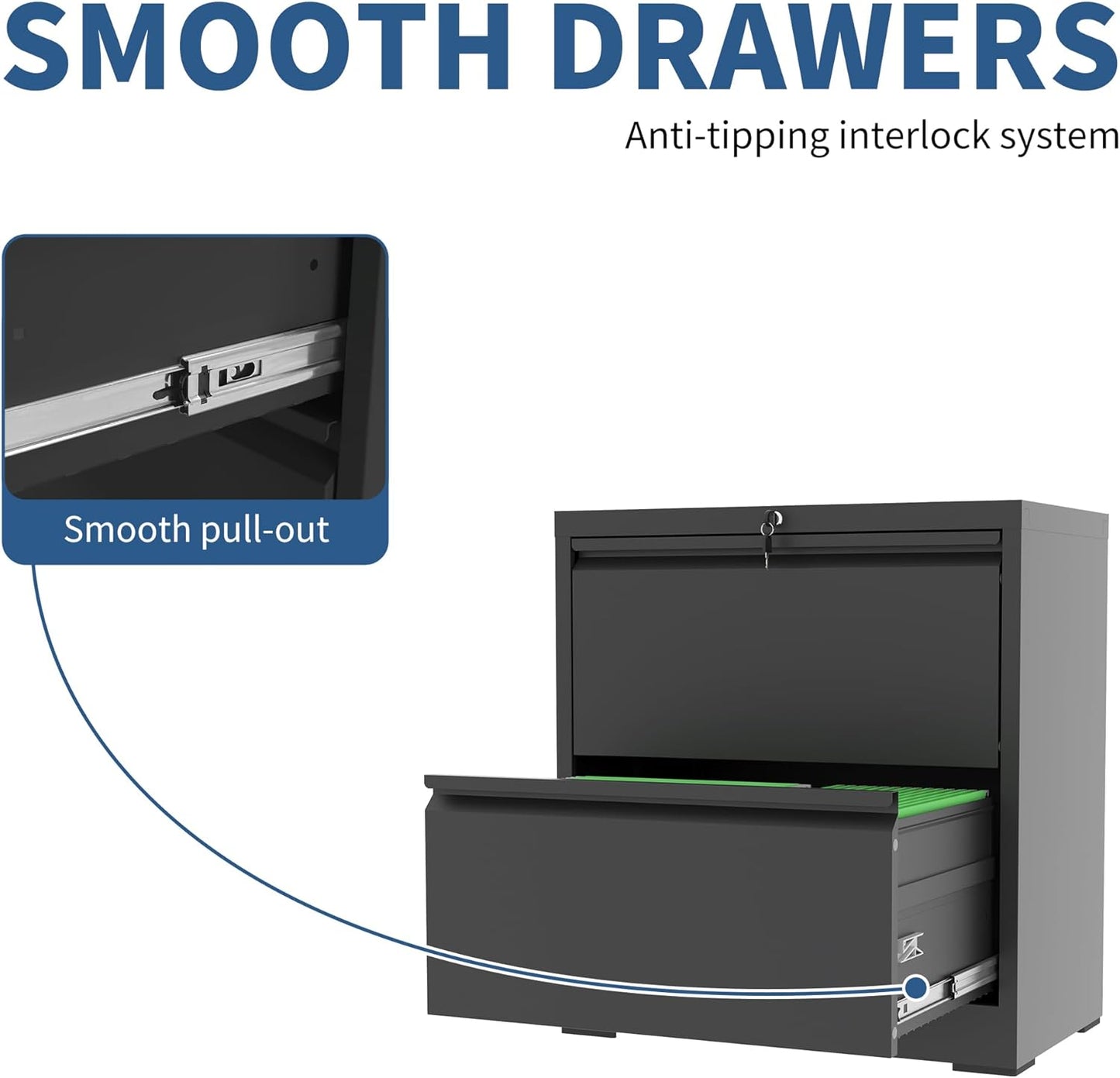 2 Drawer File Cabinet with Lock, Black Metal Lateral Filing Cabinets for Home Office, Heavy Duty Steel Horizontal Locking Storage Cabinet for Legal/Letter/A4 Size File, Assembly Require