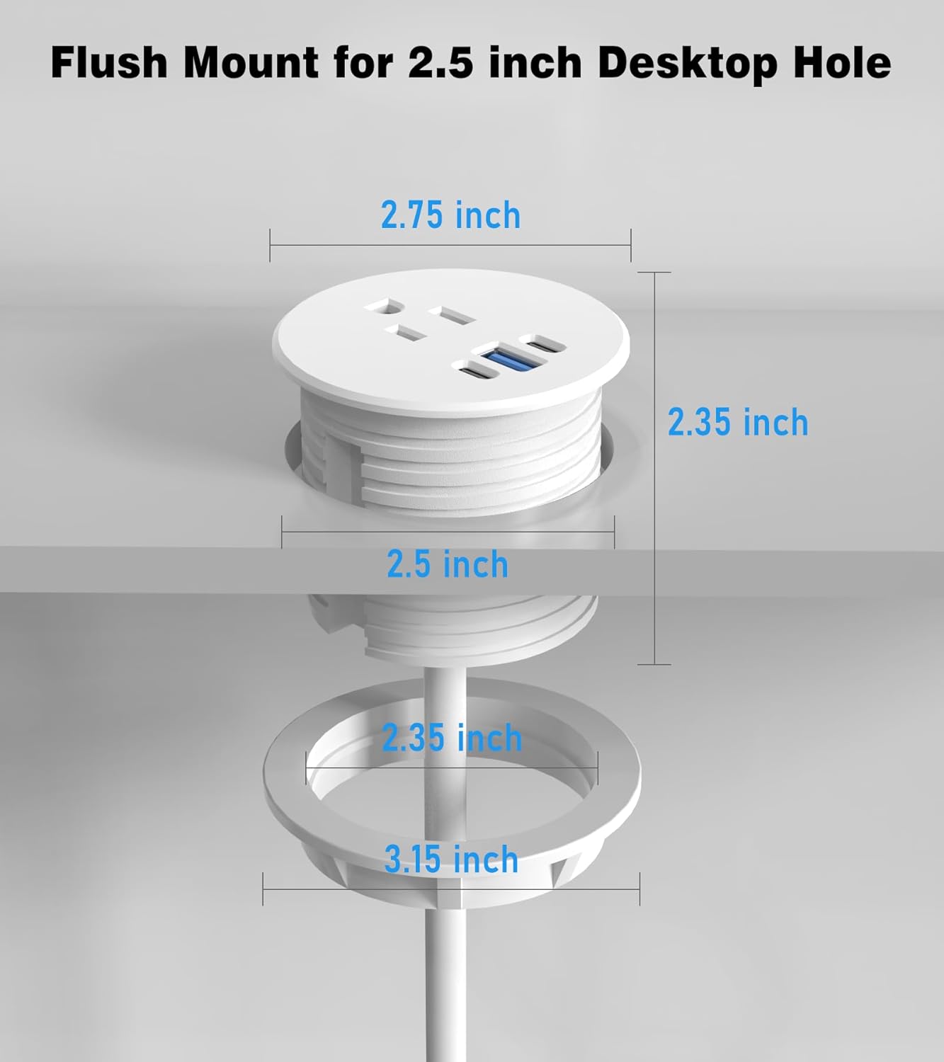 2 Pack Desk Grommet Power Outlet, 2.5 inch Desktop Recessed Outlet with 20W Fast Charging USB-C Port, Flush Mount Outlet for Conference Rooms, Office Tables, Furniture(ETL Listed)