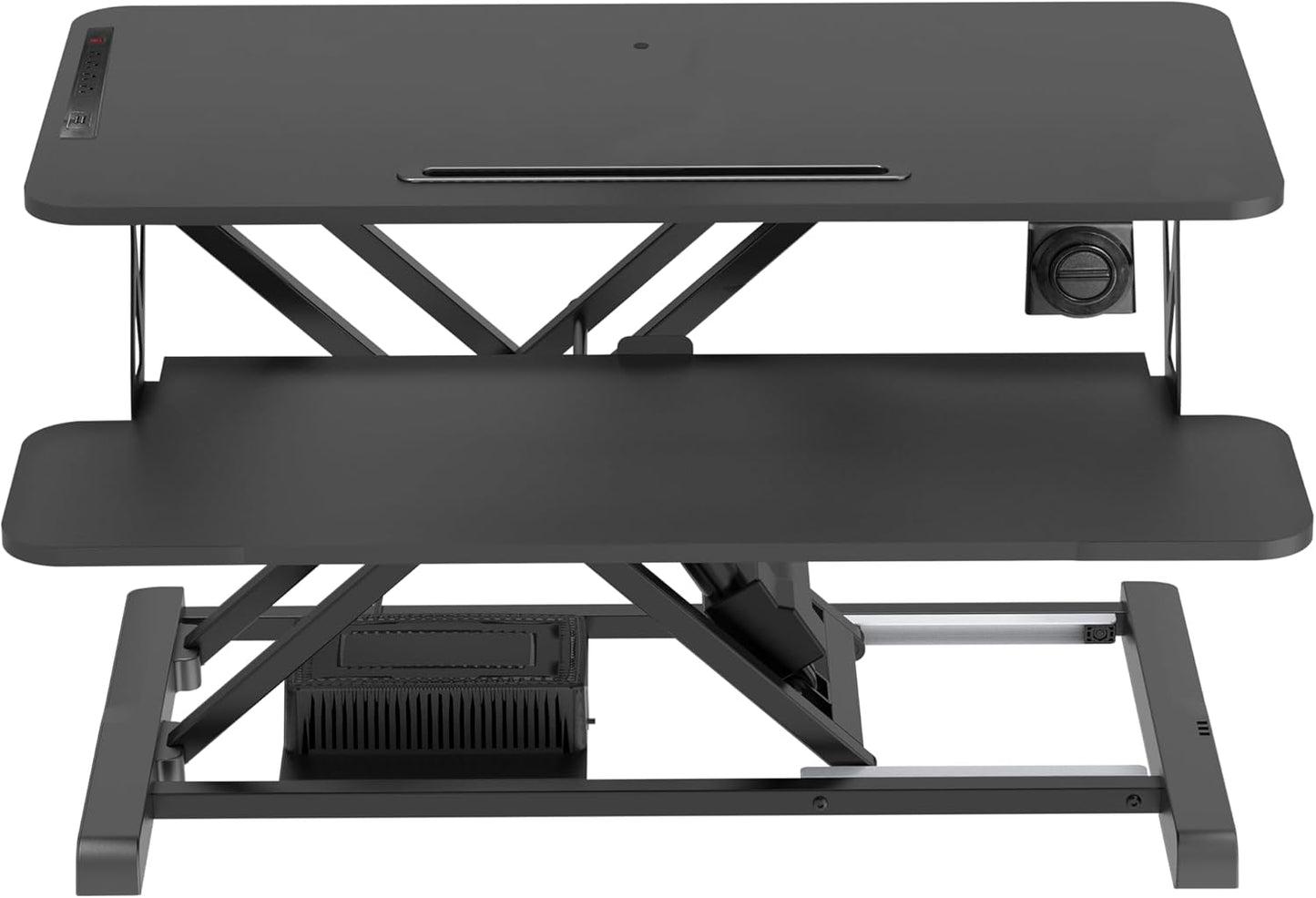 Rocelco 37.4" Electric Standing Desk Converter with Anti-Fatigue Floor Mat - AC USB Charger - Motorized Adjustable Sit Stand Up Computer Workstation Riser - Large Keyboard Tray - Black (R EDRB-MAFM)