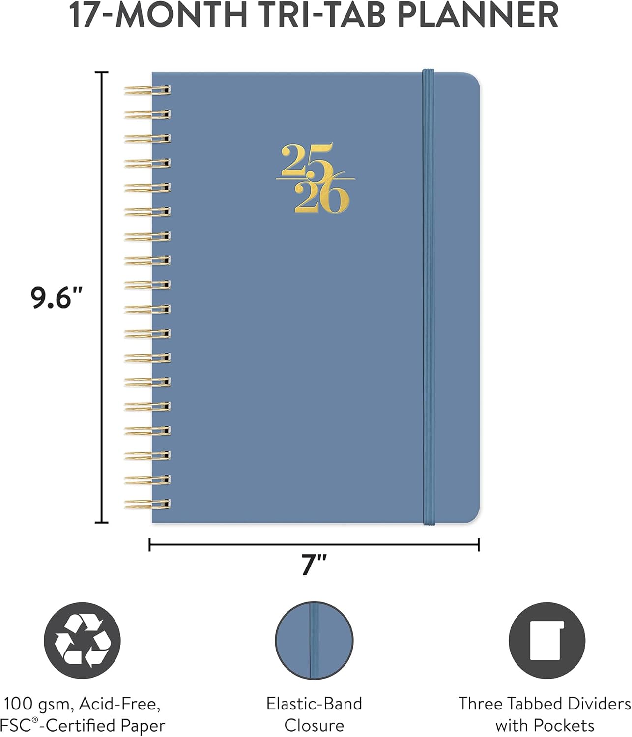 Orange Circle Studio Academic Planner 2025-2026, Amazon Exclusive, Blue Gray, Tri-Tab Planners, 17-Month Triple-Section, August 2025 to December 2026, 9.6" x 7", Weekly Monthly Planner Calendar for School or Work, Note Pages
