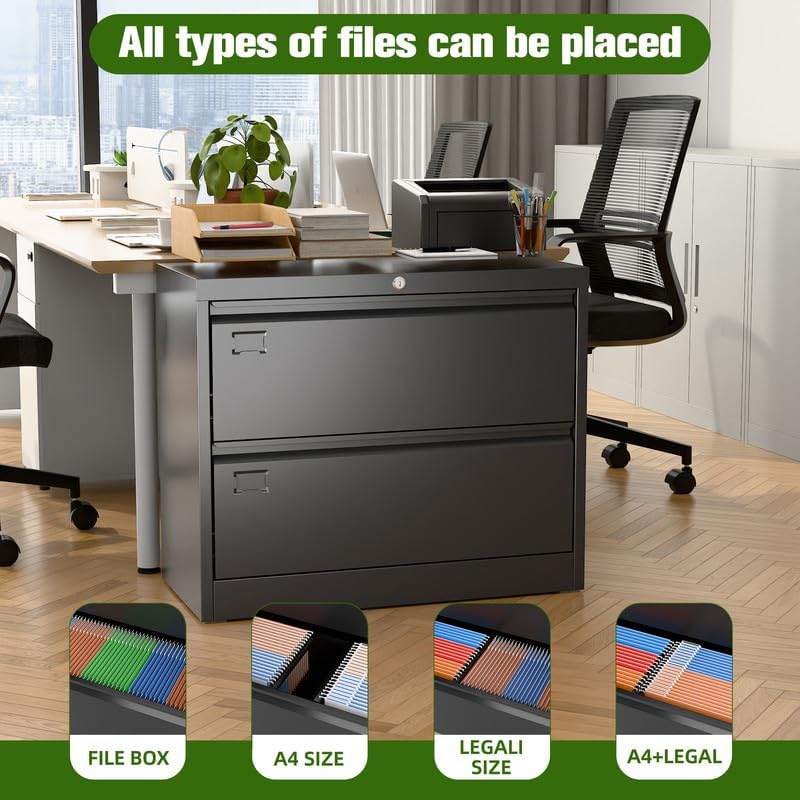Aobabo 2 Drawer Wide Lateral File Cabinet, Metal Filing Cabinet with Lock, Suitable for Home Office School Hanging Files Letter/Legal/F4/A4 Size,Black,Required-Assembly
