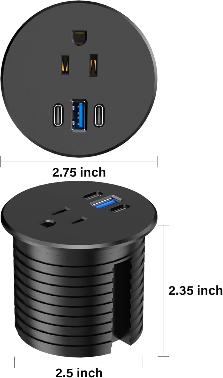 2.5 inch Power Grommet,20W USB-C Charging,1 Outlet with 2 USB C,1 USB Port,Furniture Flush Mount for Desktop,Recessed Power Strip,Workspace Essential Desk Outlet (Black, 6 FT)