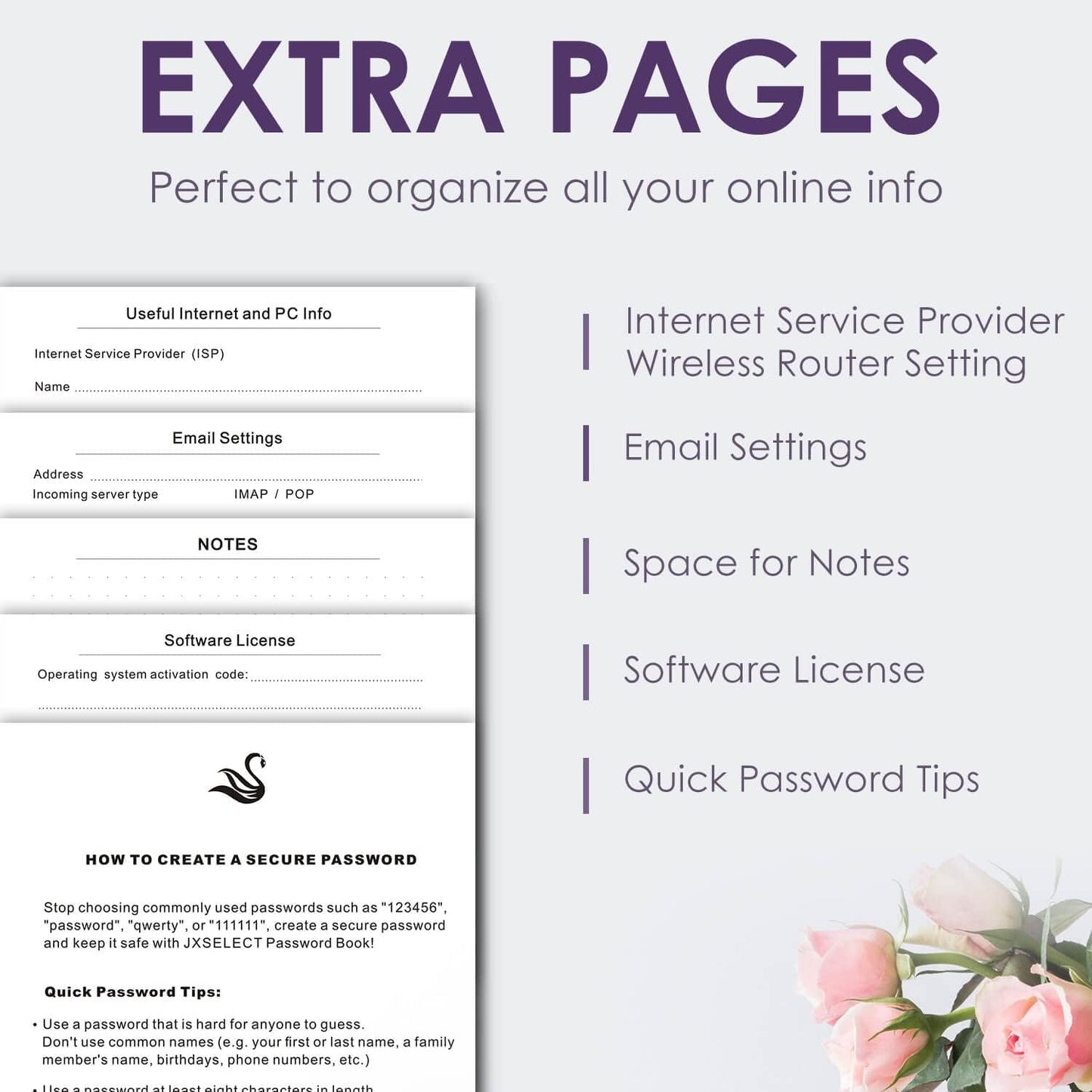Elegant Password Book with Alphabetical Tabs - Hardcover Password Book for Internet Website Address Login - 5.2" x 7.6" Password Keeper and Organizer w/Notes Section & Back Pocket (Purple)