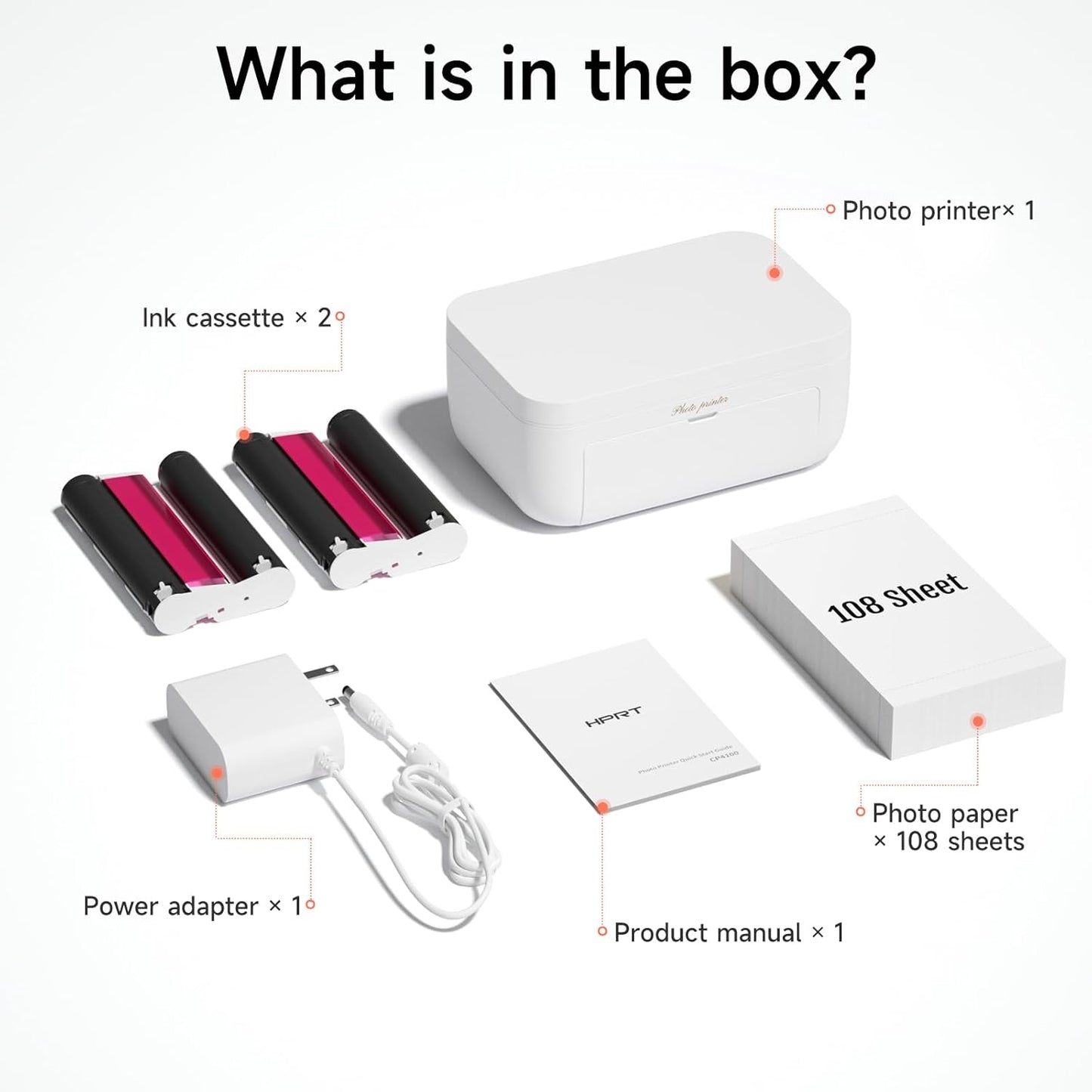 HPRT Photo Printer 4x6 with 108 Sheet Photo Paper& 2 Ribbon, Instant Picture Printer for iPhone, Smartphone, Thermal Dye Sublimation, WI-Fi Connnecting, Home Use, White