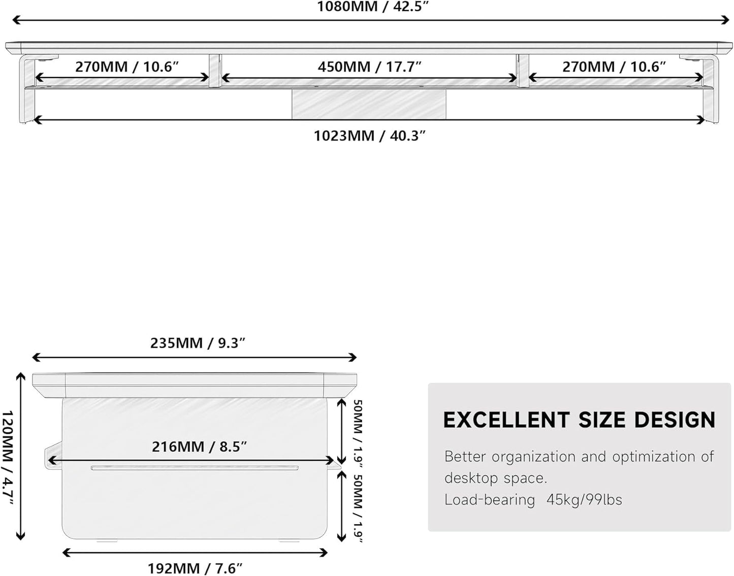 Fenge Acrylic Monitor Stand Riser, 42.5 Inches Dual Monitor Stand with Metal Storage, 2 Tier Acrylic Computer Riser for Desk, Clear Laptop Stand for PC, Laptop, Printer, TV, Oak