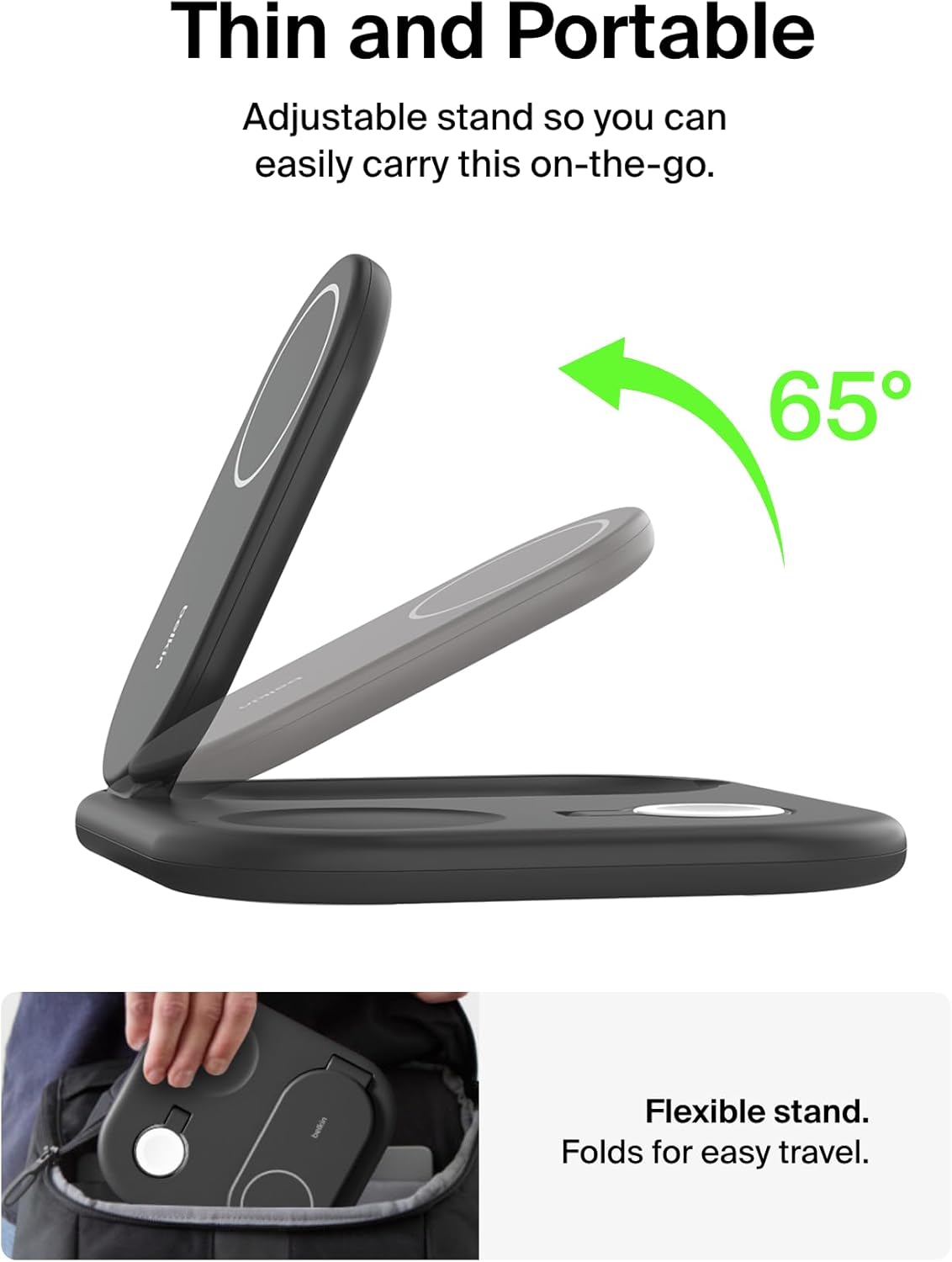 Belkin 3-in-1 MagSafe-Compatible iPhone Charger 15W, Foldable Magnetic Qi2-Certified Wireless Charging Station for iPhone 17, Apple Watch Series 10, AirPods 4, Pixel 10, w/Non-Slip Base & PSU - Black