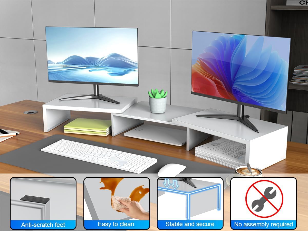 Dual Monitor Stand for Desk, Metal Computer Stand, Desk Shelf Riser,Desktop Organizer for Home and Office Use (White)