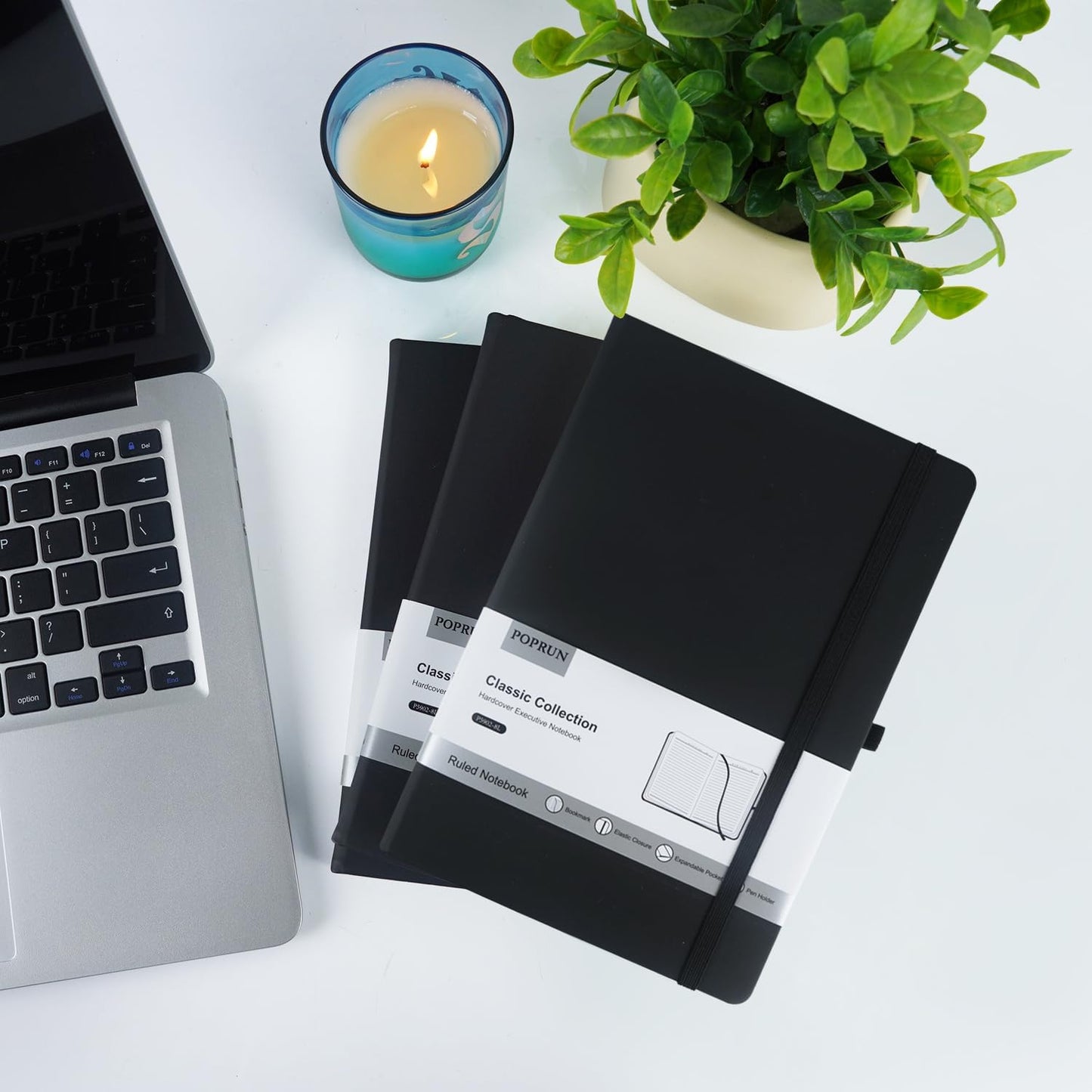 POPRUN 8 Pack Black Lined Journal Notebooks, Waterproof PU Leather Hardcover, A5 Classic College Ruled Journals for Writing, Business Work, School Note Taking, 5.5 x 8.3 inch, 240 Pages Notepad