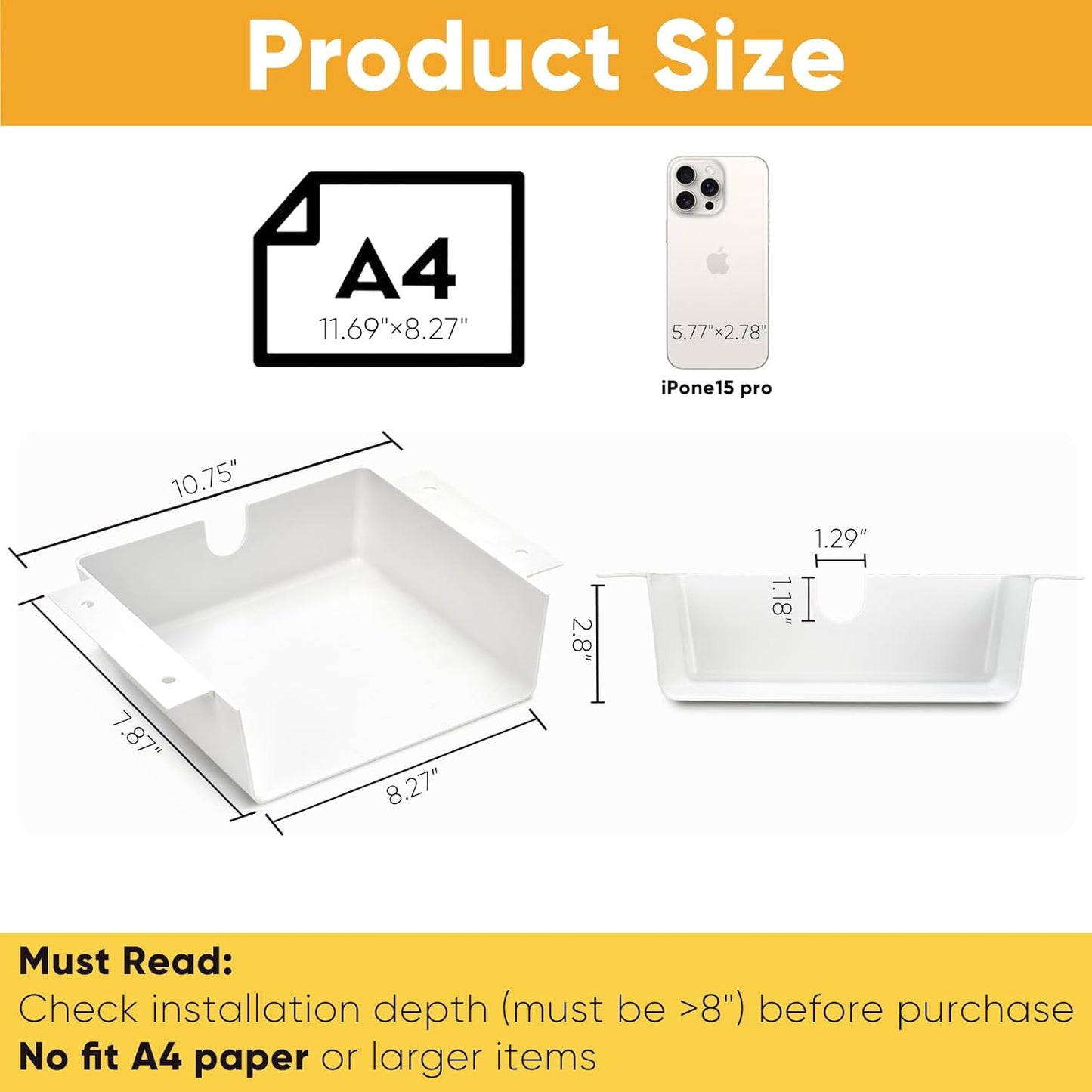 4 Pack Under Desk Hanging Shelf Drawer Organizer, Attachable Plastic Hidden Storage Tray, Easy Adhesive Mount Holder for Standing Tables, Office, Counters, Cabinets, Workstations - White