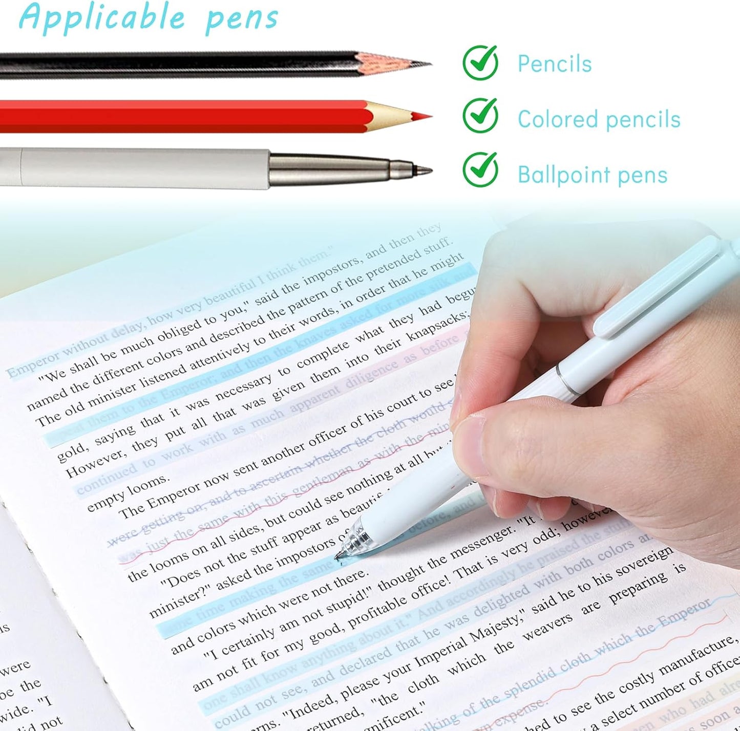 Transparent Highlighter Strips for Reading, Sticky Long Tabs 6 Sheet 960 Pcs Highlighter Tape Translucent Sticky Tabs Reusable Gradient Removable Tapes Tab for Long Page Notes Annotating Books