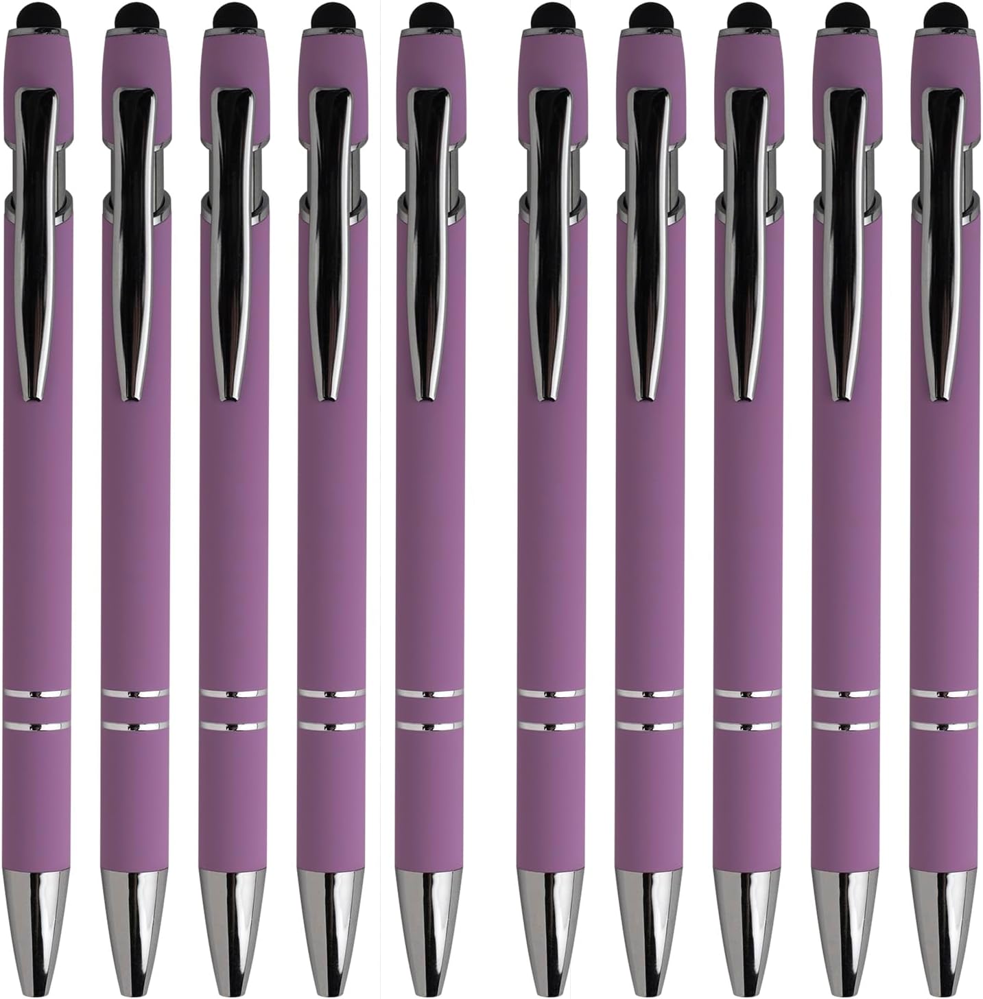 Purple Ballpoint Pens with Black Ink, 2-in-1 Stylus Tip, 1.0mm Medium Point, Matte Metal Barrel – 10-Pack for Office or School