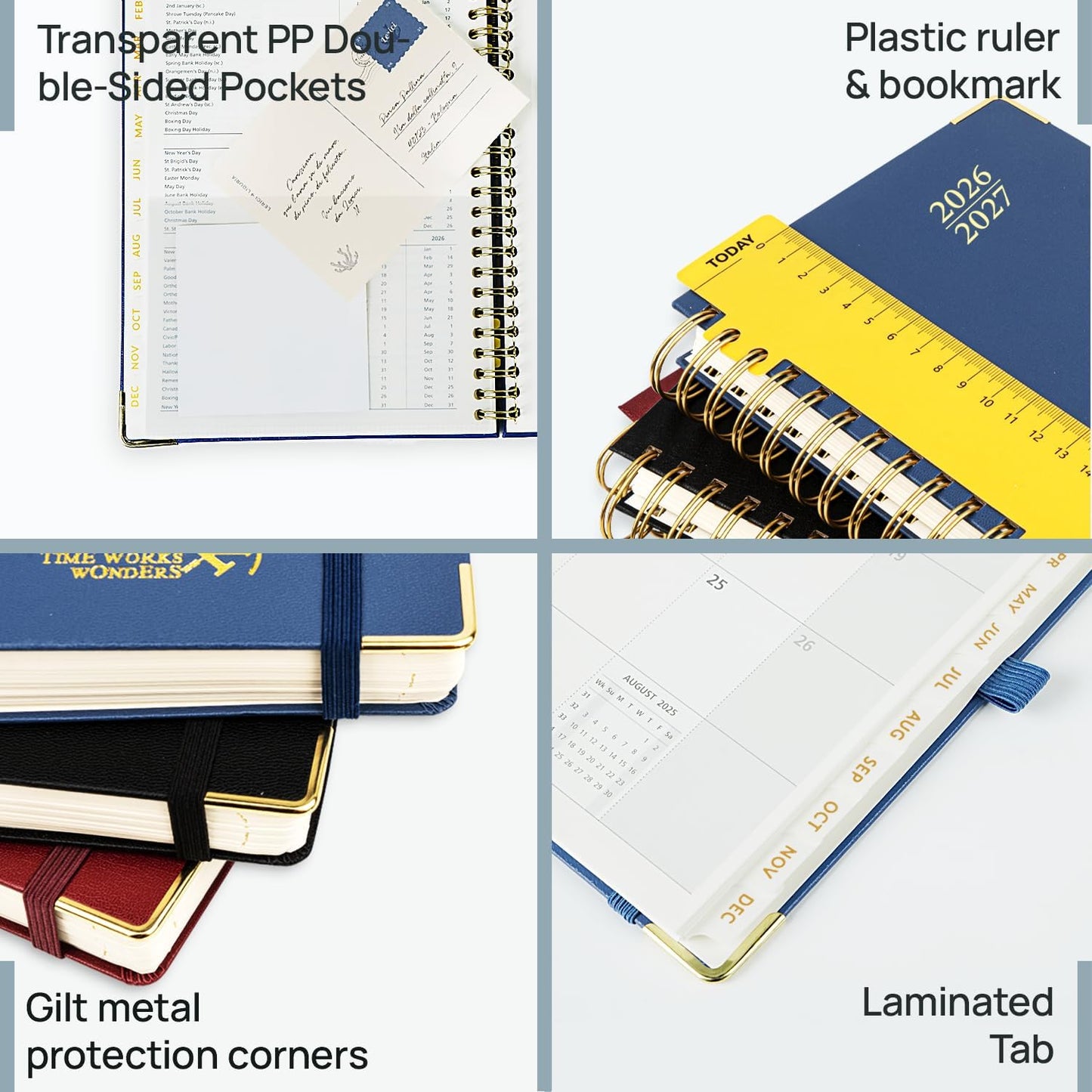 POPRUN Monthly Planner 2026-2027 Spiral Hardcover (8'' x 10''), 18 Months Calendar (Jan.2026-Jun.2027) - 2 Pages per Month with Dotted Note Pages, Sunday Start, Laminated Tab - Navy Blue