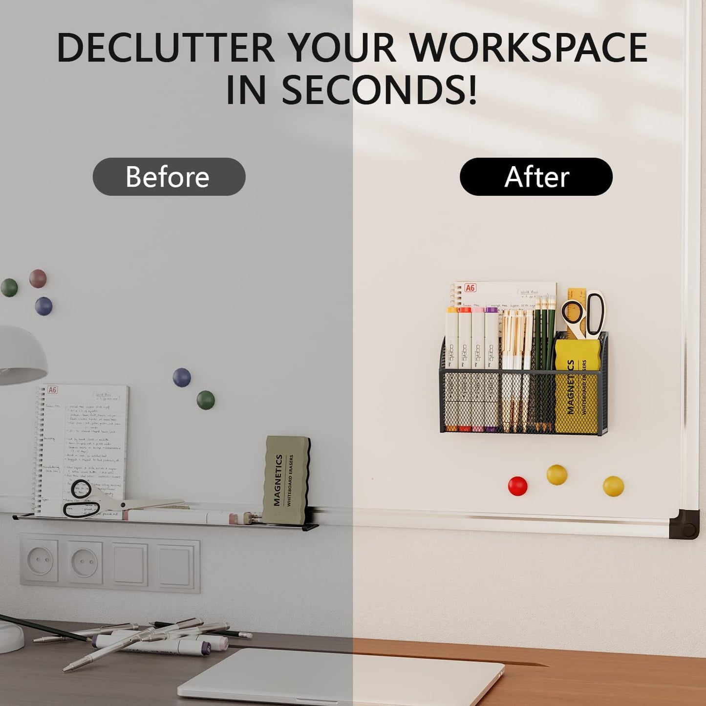 Magnetic Pencil Holder Markers Dry Erase Holder for Whiteboard 3-Grid Locker Organizer for Fridge, Home, School and Office