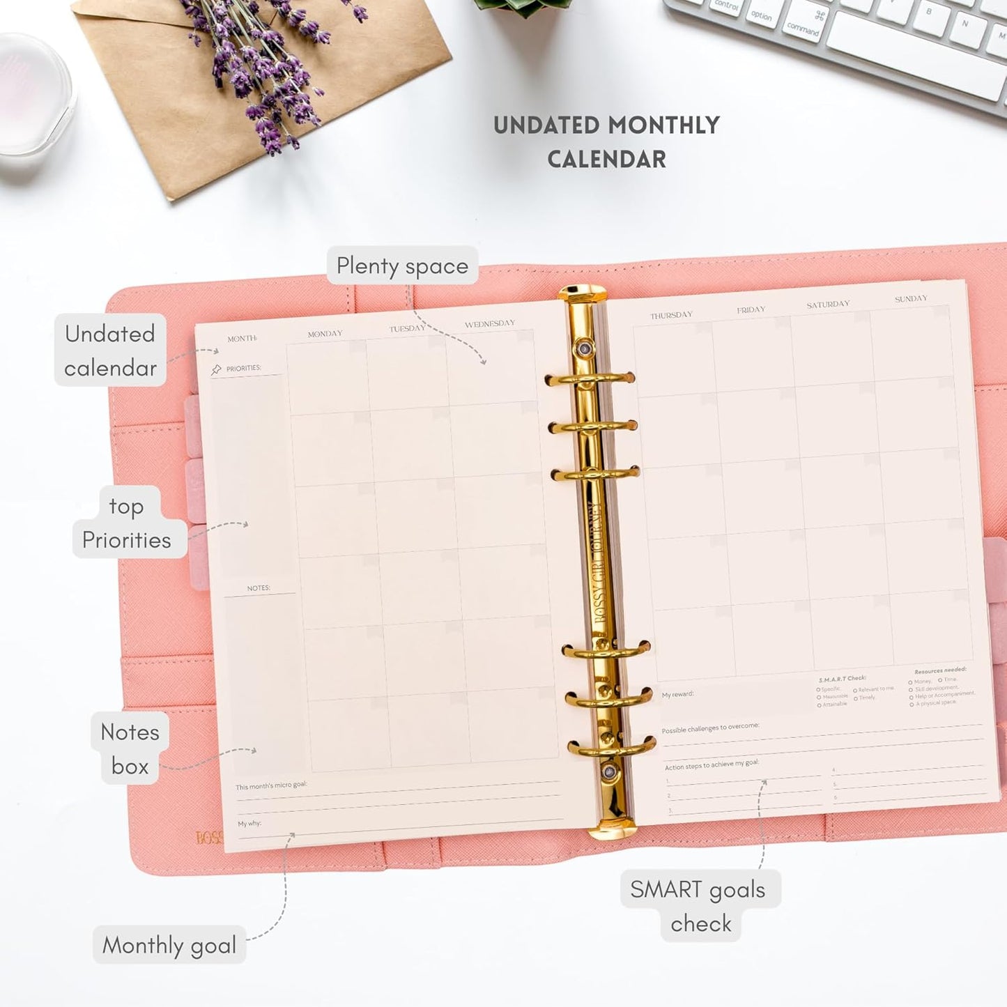 Bossy Girl Journey - A5 Daily Planner Binder – Undated Time Blocking Refillable Organizer for Women with 110gsm Paper, PU Leather Cover, Stickers, Dividers, Pen Loop, Gift Box – Goal Setting & Productivity (Rose)