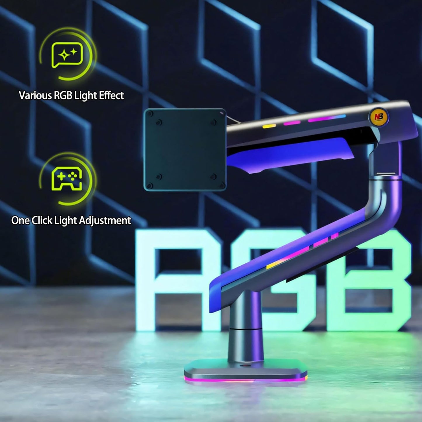 NB Gaming Monitor Arm or for 32 to 60 Inches Screen, Load up to 20 kg, VESA 75/100, RGB-Light, Heavy Duty, Multi Angle Adjustable, Premium Aluminum, Purple Blue