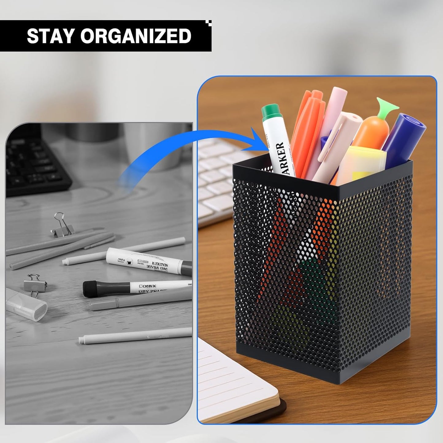 Comix Mesh Pen Holder Desk, Wire Pencil Holder with Foam Pad and Non-Slip Bottom Office Supplies Desk Organizer for Home Office School, 1 Pack