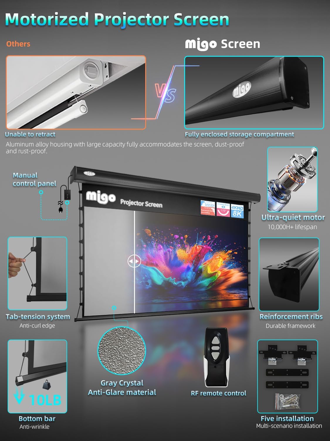 150 inch pull down projector screen, Grey Crystal Material 2.0 Gain 4K Ultra HD Projector Screen Ceiling Mount with remote for Ultra Short Throw Projector Movie Home Theater Cinema(Black Housing)