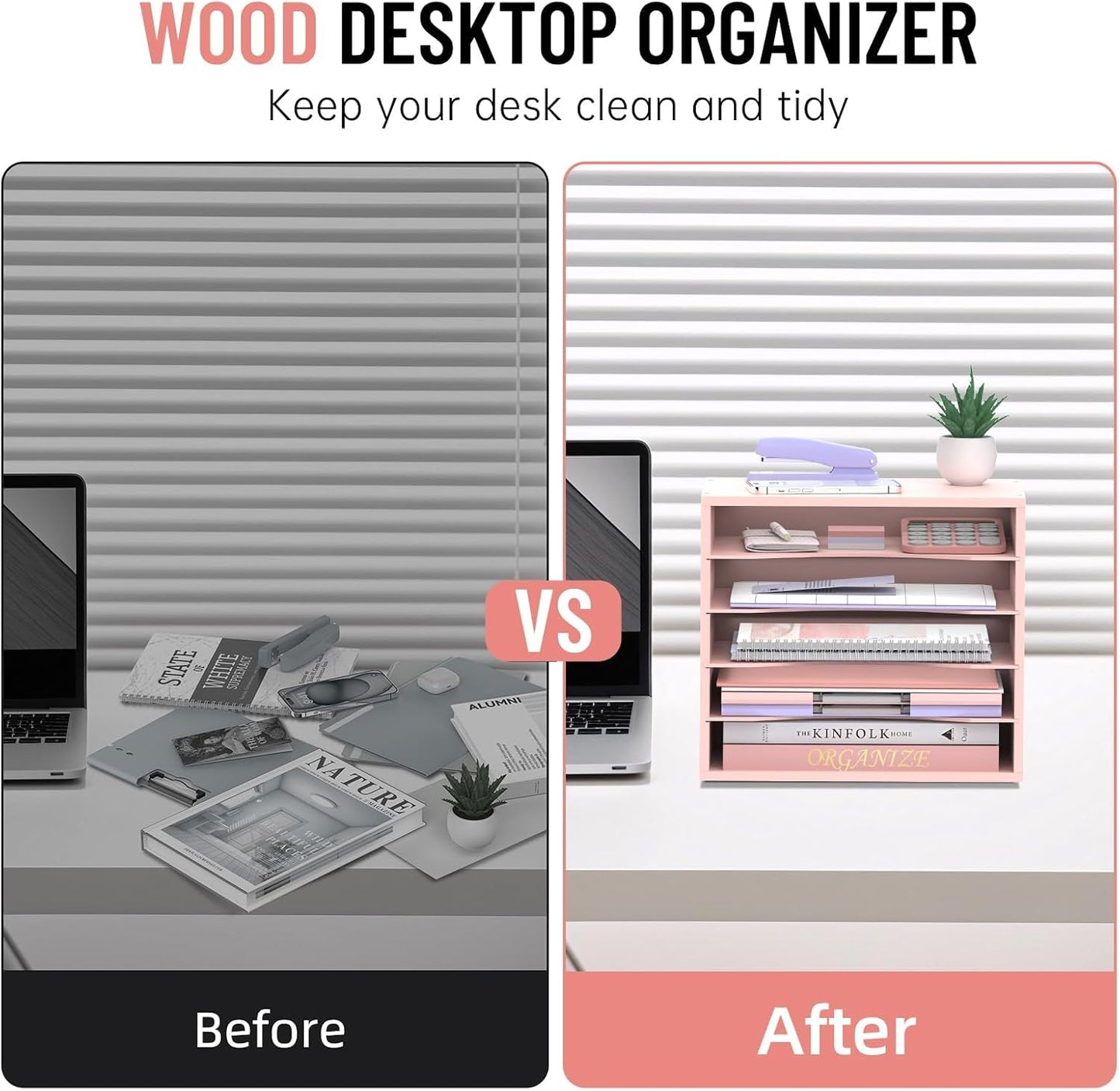 5-Tier Wood Desk Organizer, Paper Tray Organizer for Desk with Adjustable Storage Shelves, Desktop Paper Sorter Mail Holder for Office Home Classroom, Pink