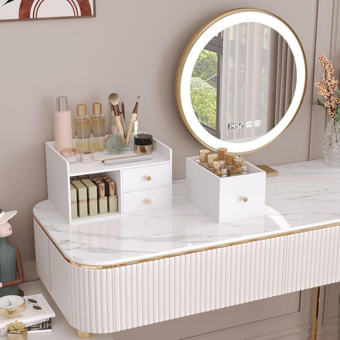 Bamboo Desk Organizer with Drawers Wooden Desktop Storage Organization Box for Bills Office Supplies Kitchen Utensils Organizing Tool for Home Classroom Vanity, No Assembly Required (3 Drawer, White)