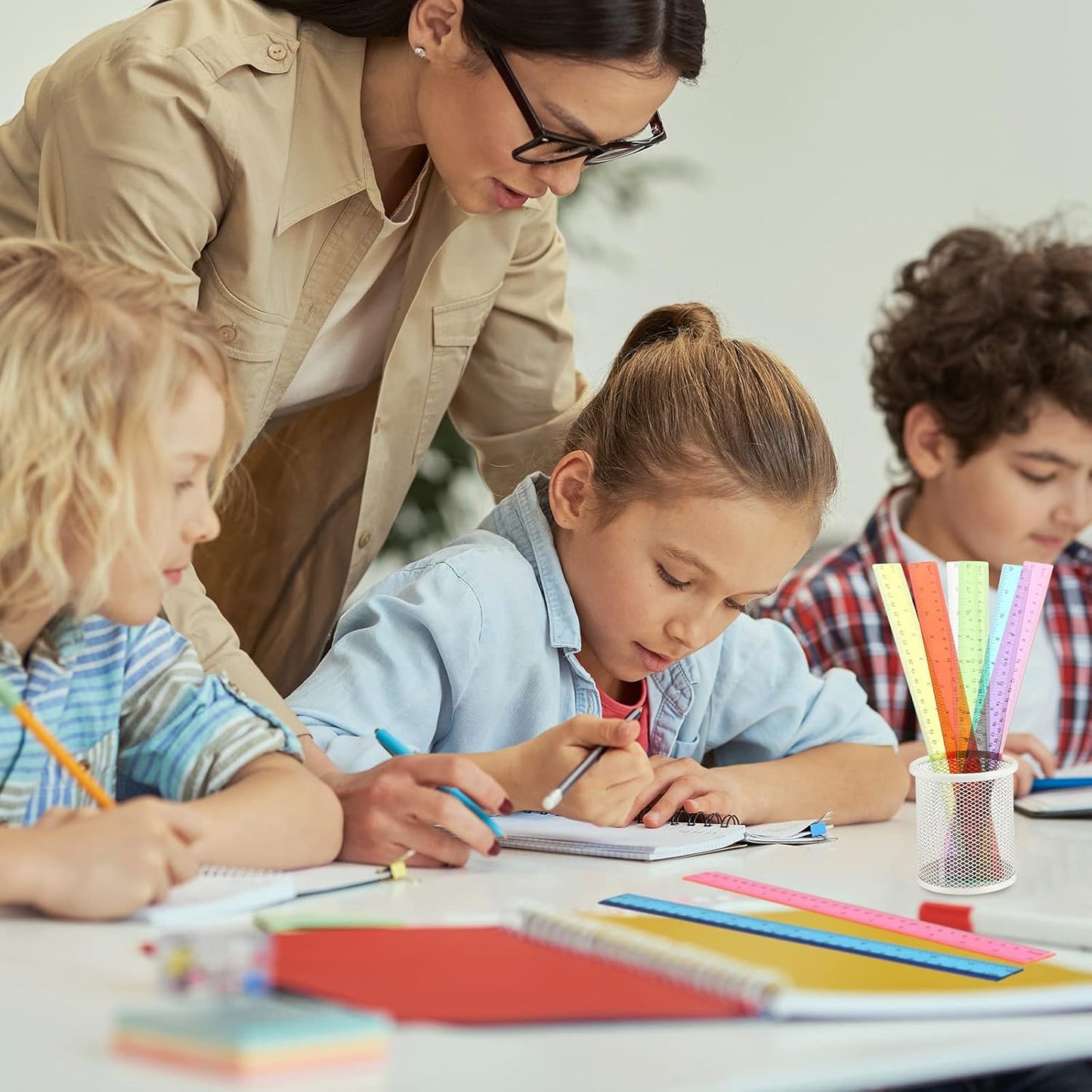 Fumete 300 Pack 12 Inch Plastic Rulers Bulk for Classroom Operation Christmas Supplies Flexible Transparent Assorted Color Ruler with Centimeters and Inches for Office Teacher Student