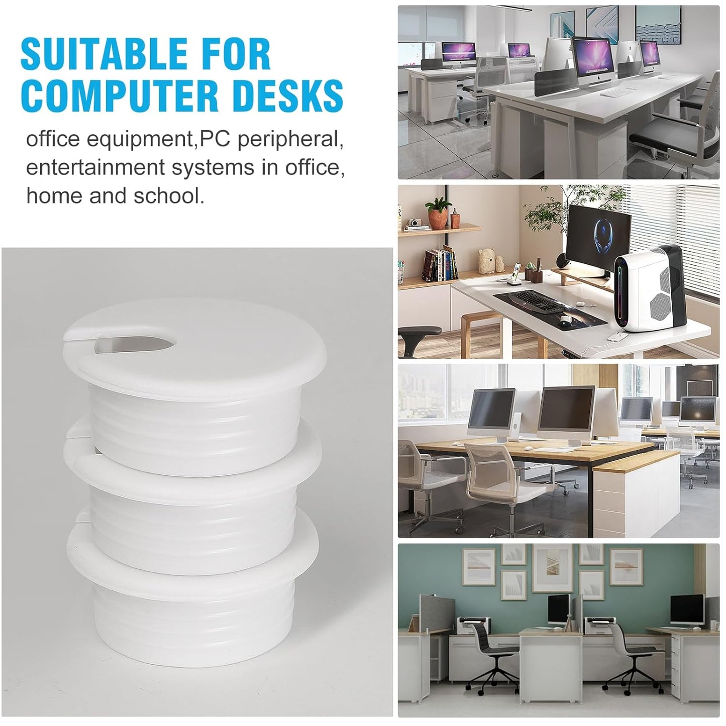 1-1/2" White Desk Grommet with Bi-Metal Hole Saw, JTemgle Plastic Cable Hole Cover Computer Table Cord Wire Organizer Caps, Desktop Cord Management for Home Office TV Stands Tabletops, 7 Pieces