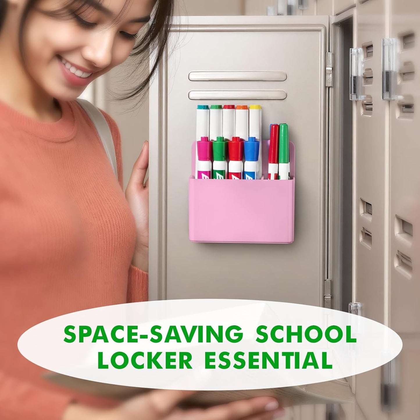 2 Pcs Magnetic Dry Erase Marker Holder for Whiteboard, Plastic Magnetic Pen Holder for Refrigerator Fridge, Magnet Pencil Cup for School Classroom, Locker Accessories, Pen Cup Organizer-Pink