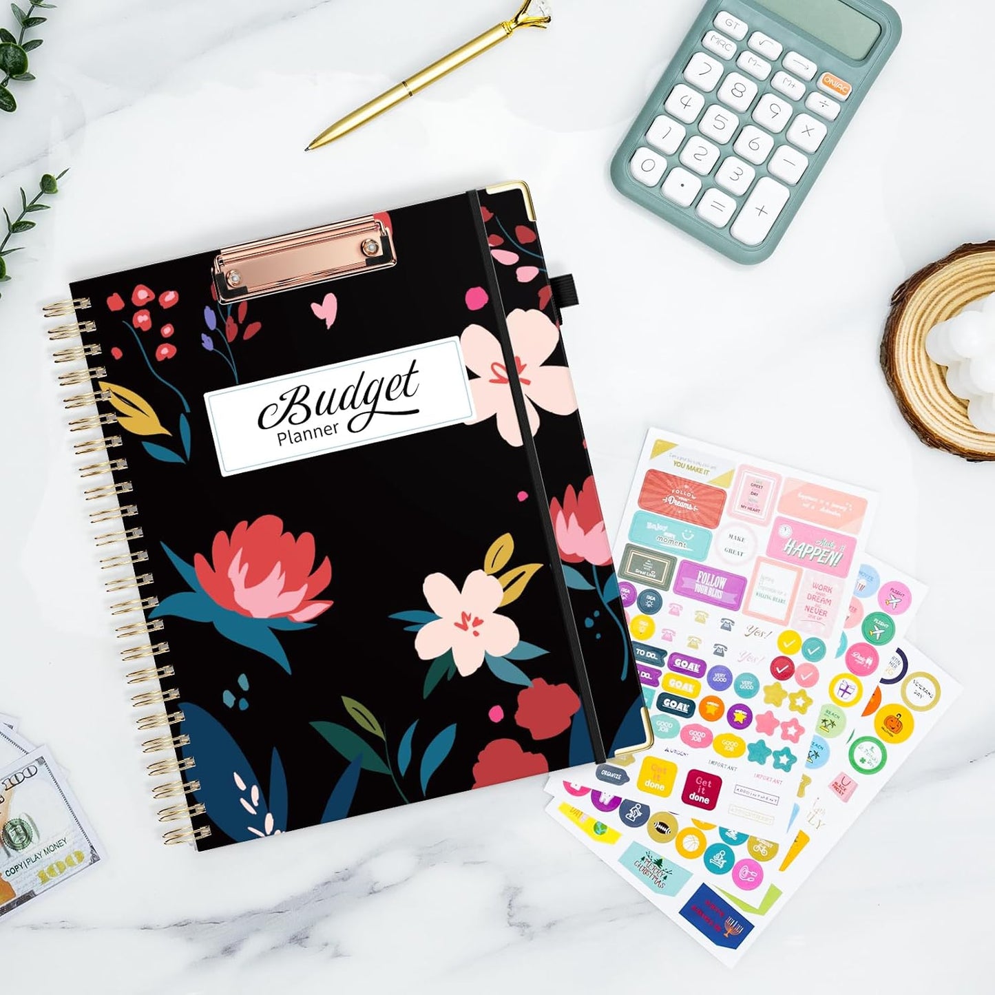Ospelelf Undated Budget Planner with Expense Tracker and Bill Organizer Large Spiral Bound Monthly Account Planners to Take Control of Your Money 12 Months Black Floral
