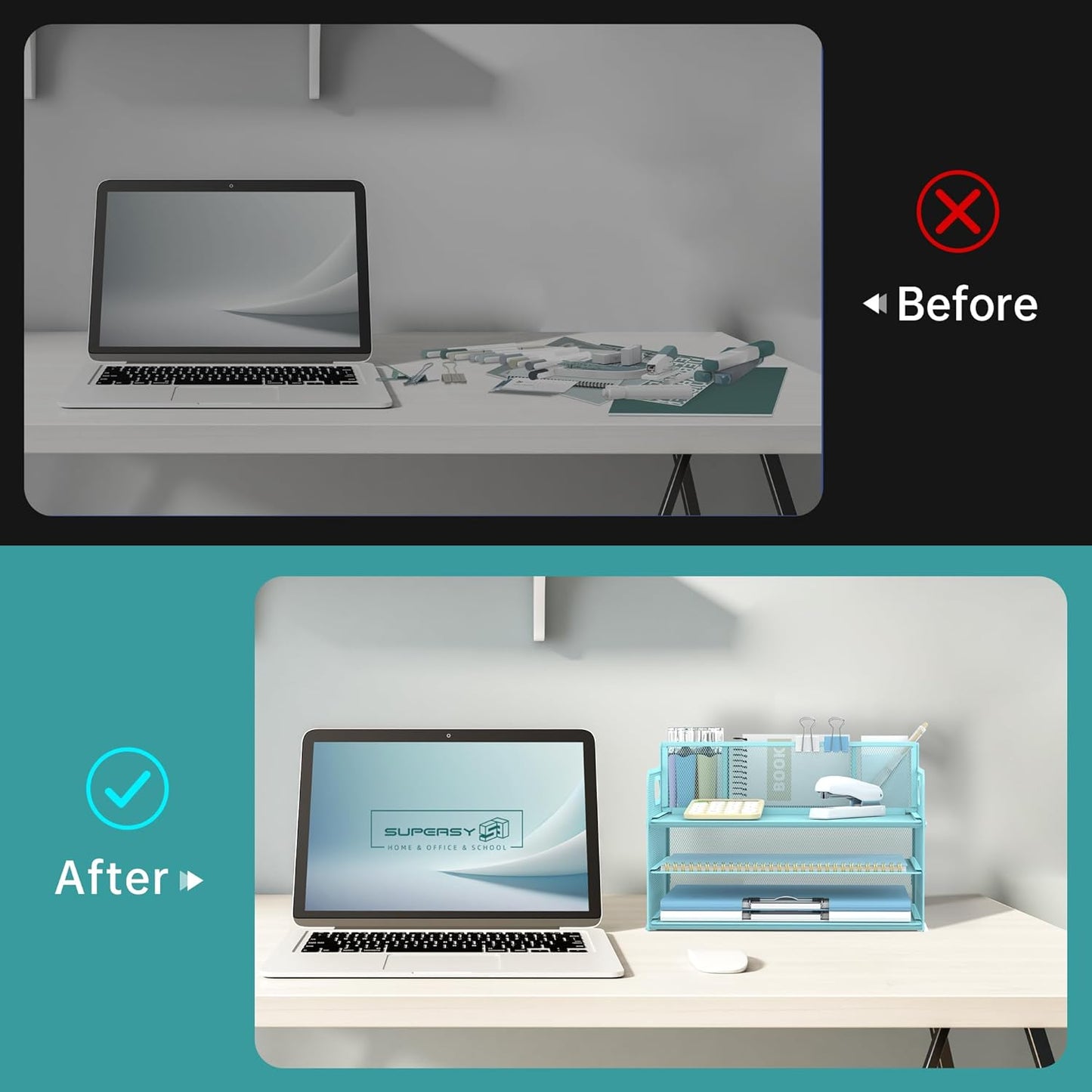 SUPEASY 3 Tier Desk Organizer with Handle & 3 Pen Holders, Mesh Paper/File Organizer for Desk, Paper Letter Tray Organizer for Office Supplies (Light Blue)