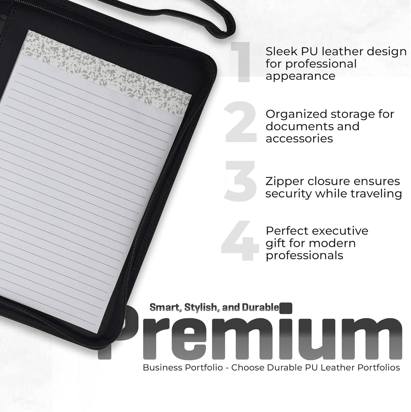 Zippered Leather Portfolio Binder with Junior Legal 5x8 Notepad - Black PU Leather Business Padfolio Organizer Folder with 8 Inch Tablet Sleeve & Gift Box by Lautus Designs