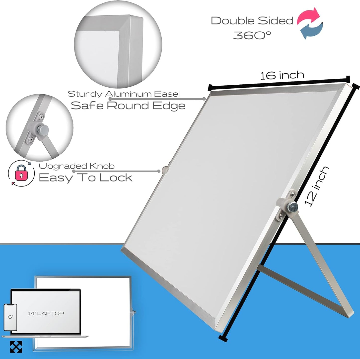 12x16 Magnetic Dry Erase Whiteboard – Double-Sided Desktop Board with Stand, 8 Markers, 4 Glass Magnets, Eraser, Marker Holder – Portable Wipe Off Board for Desk, Wall, School, Home