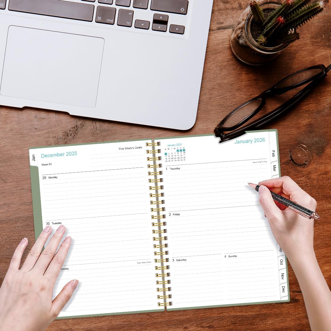 2026 Planner - Planner 2026 from January 2026 - December 2026, Weekly & Monthly Planner Spiral Bound with 12 Monthly Tabs, Inner Pocket, 6.4" x 8.5", Green-A