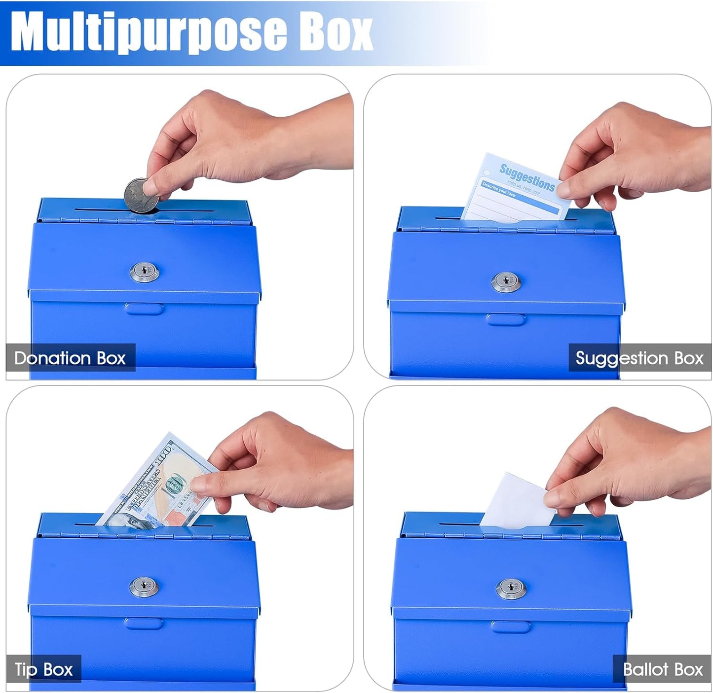 KYODOLED Suggestion Box with Lock, Metal Wall Mounted Donation and Ballot Drop Box with Slot & 2 Keys, 50 Free Suggestion Cards, 8H x 5.7W x 7L Inch, Blue