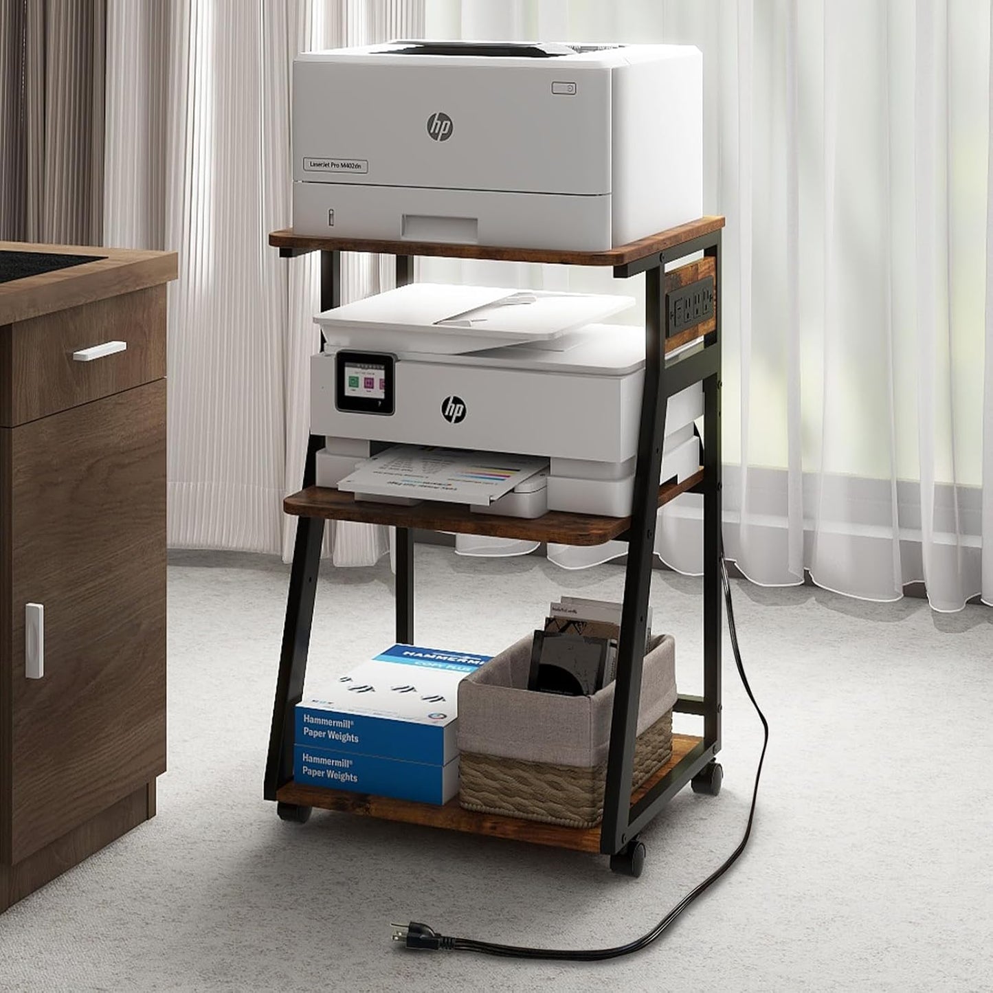 Natwind 19.7"x15.7" Printer Stand,3 Tier Printer Table with Charging Station, Rolling Cart with Adjustable Storage Shelf for Home Office Organization, Stand for Heat Press,3D Printer (Retro)