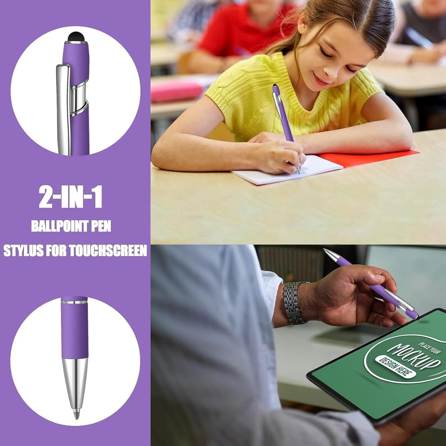 8 Pcs Blue Ink Ballpoint Pen with Stylus Tip 2 in 1 Stylus Ballpoint Pen Metal Pens Stylus Pen for Touch Screens School Office Coworkers (Purple)