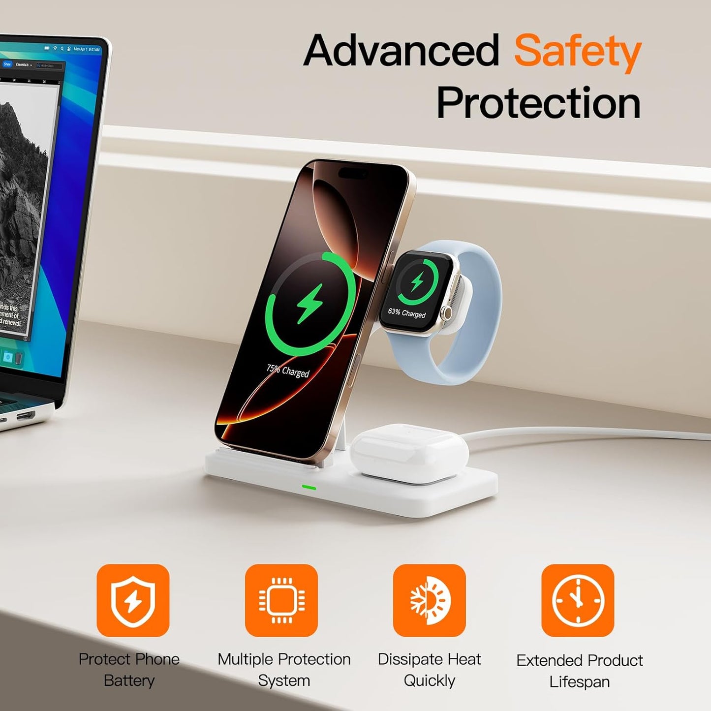 2025 3 in 1 Wireless Charger for iphone17 16 15 14 13 12 11 XR 8, Apple Charging Station for Apple Watch 10/9/Ultra/8/7/SE/6/5/4 & AirPods Series, Wireless Charging Station for Multiple Devices Apple