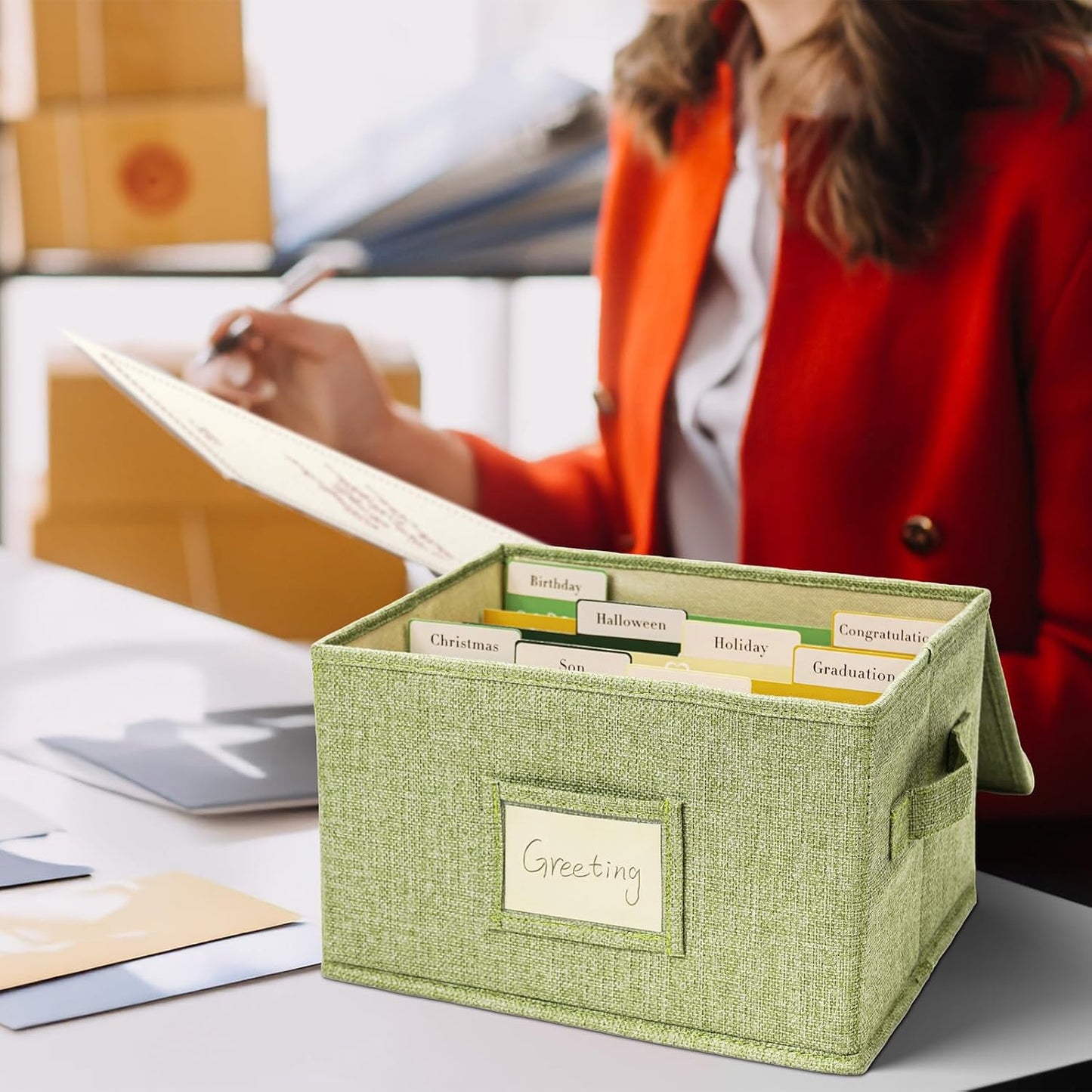 Vienrose Greeting Card Organizer Storage Box with 20 Removable Dividers, 84 Self-stick Labels, Perfect for Photos, Envelopes, Scrapbooking, Paper, Stickers Holder 1 Pack Grass Green