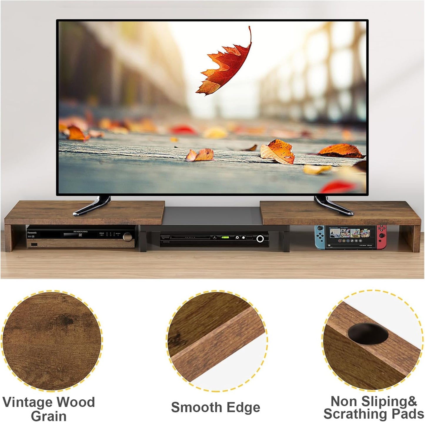 TAVR Dual Monitor Stand Riser, Computer Monitor Stands for 2 Monitors, Extra Long Multifunctional Desktop Organizer Riser for Computer, Laptop, PC, Printer, TV, Max 43.3" Length, Rustic Brown