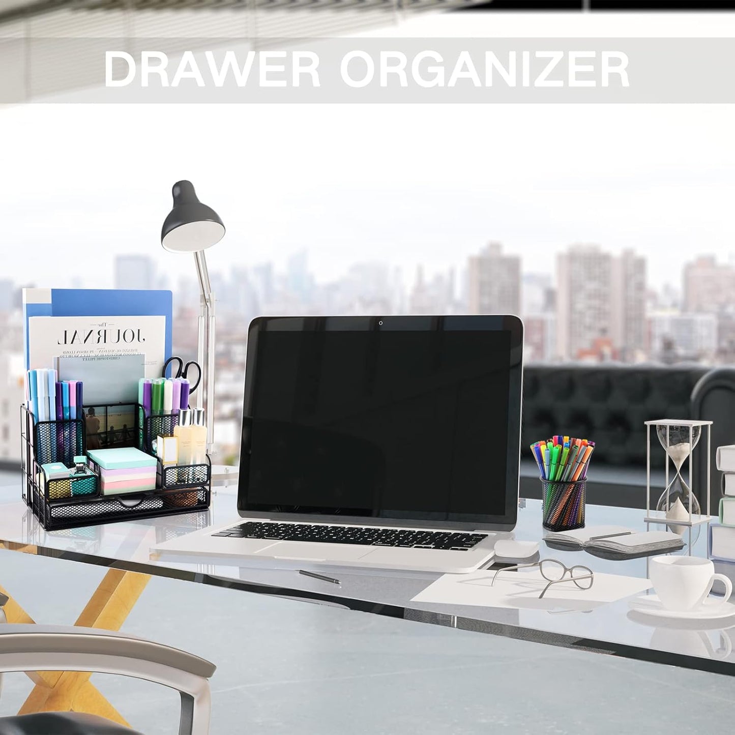 Desk Organizers Caddy and Accessories with 7 Compartments + Pen Holder / 72 Clips Set, Drawer, Black Mesh Office Supplies Desktop Organizer for Home, Office Ect